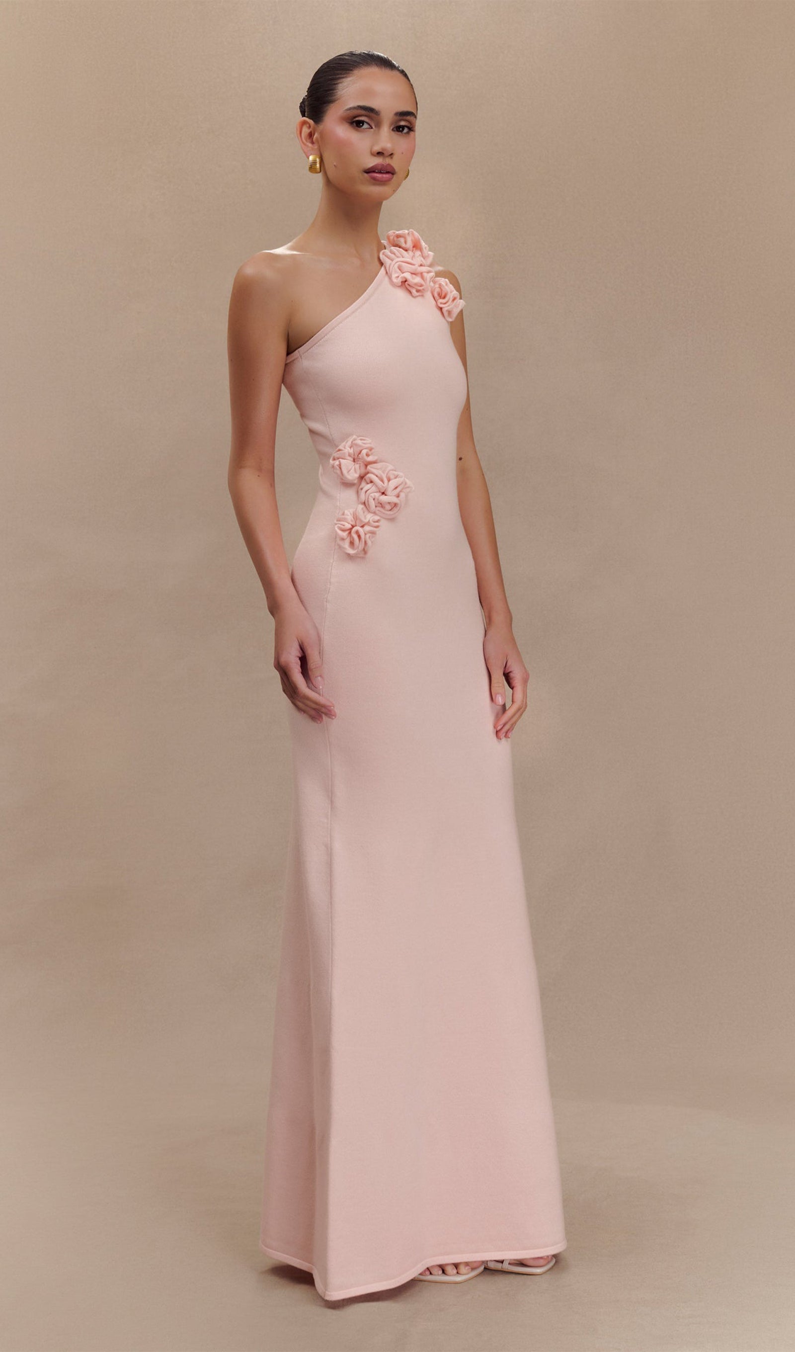 Tek Omuzlu Çiçekli Örme Uzun Elbise