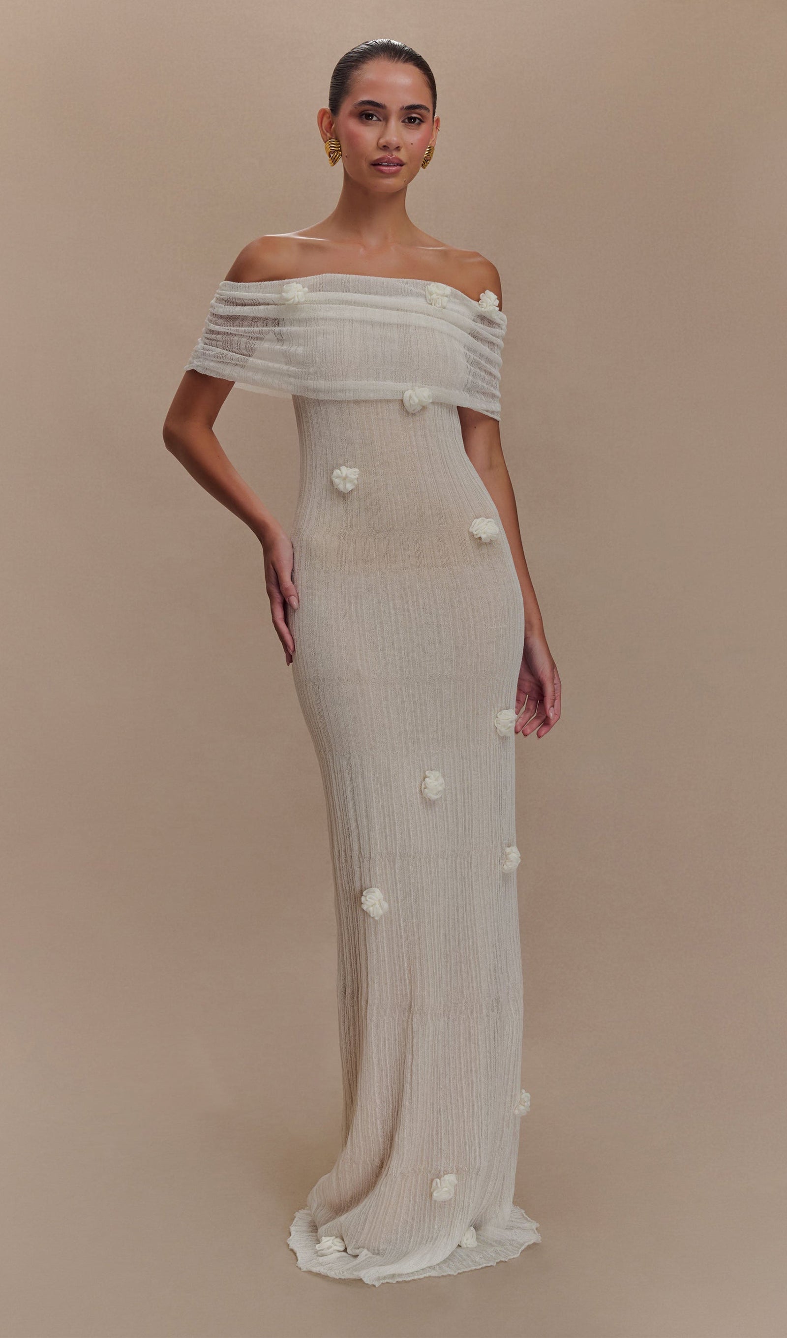 Fildişi Orkide Örgü Uzun Elbise