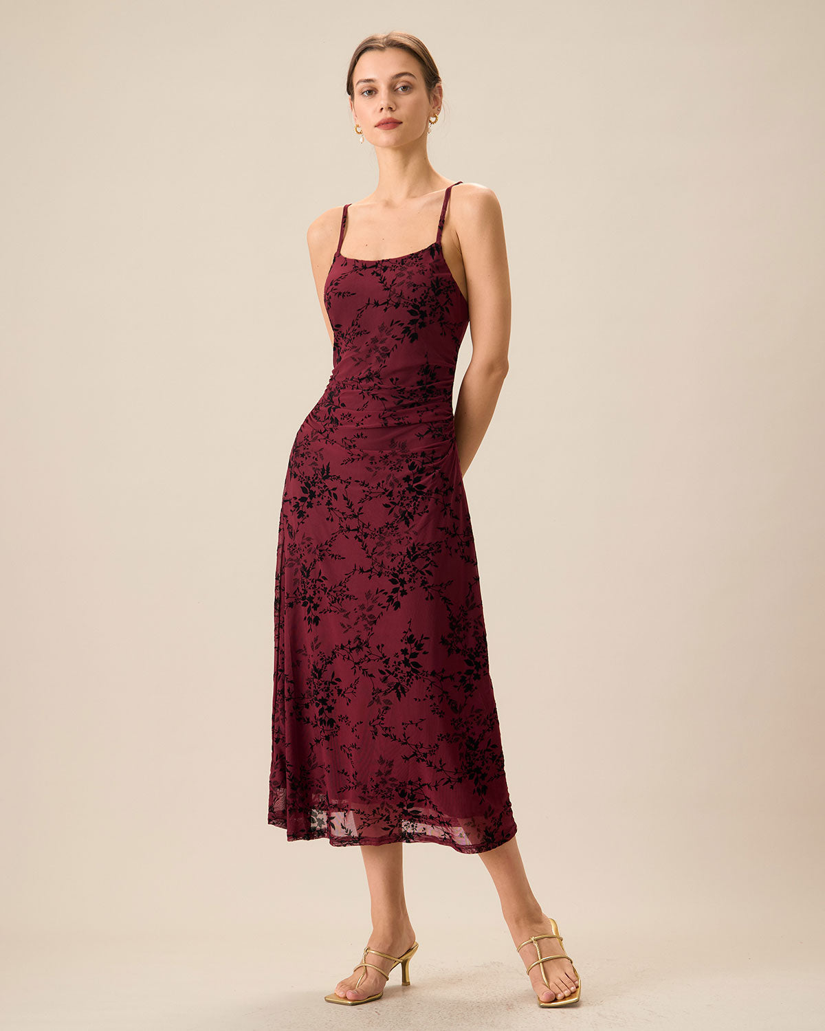 Kırmızı Çiçekli Bodycon Slip Midi Elbise