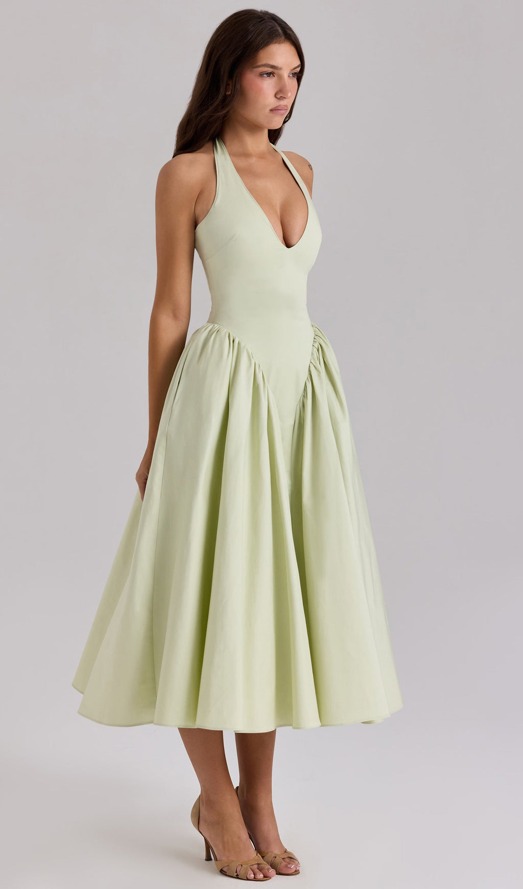 Fıstık Yeşili Pamuklu Askılı Midi Elbise