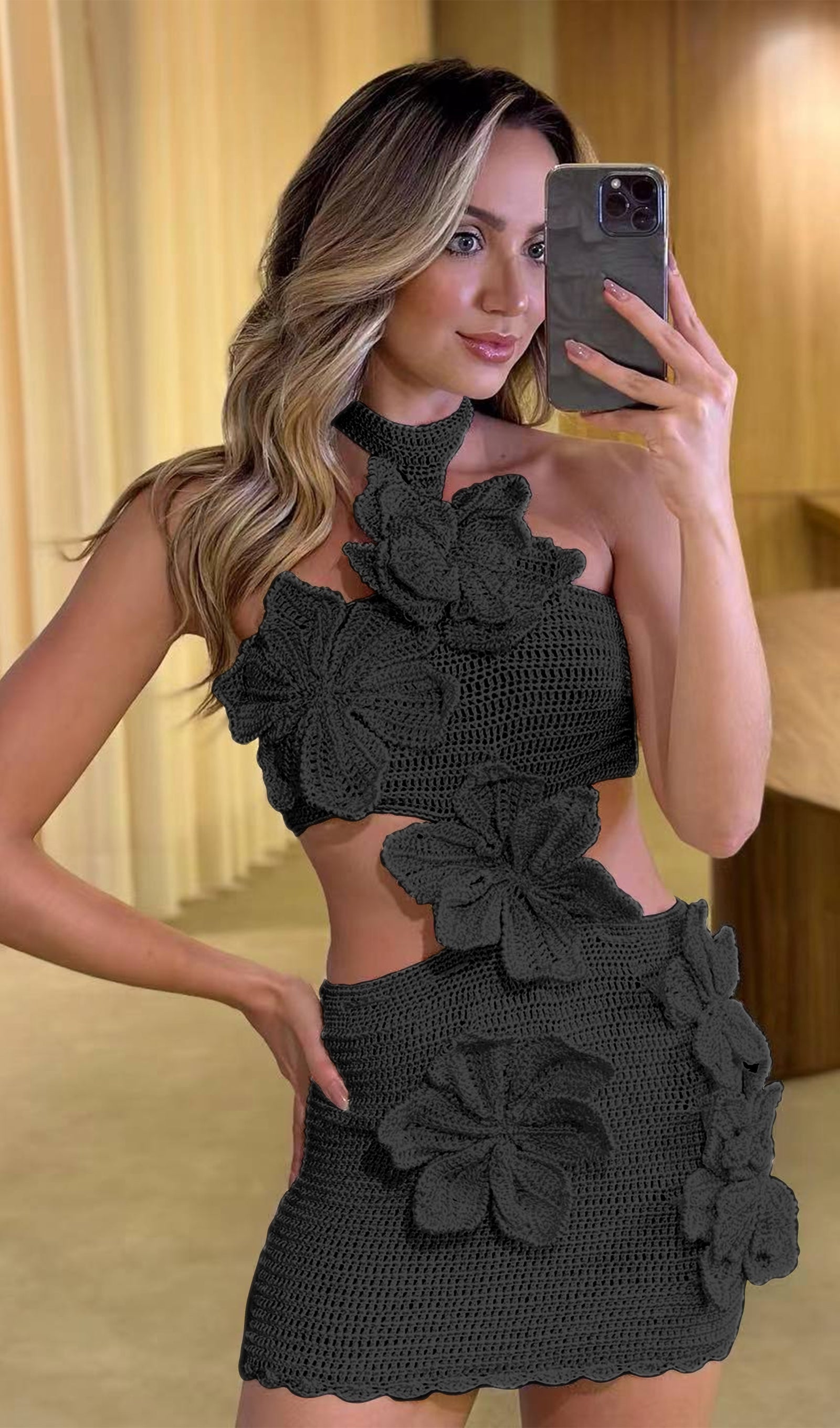 Beyaz/Siyah Örgü Çiçekli Mini Elbise