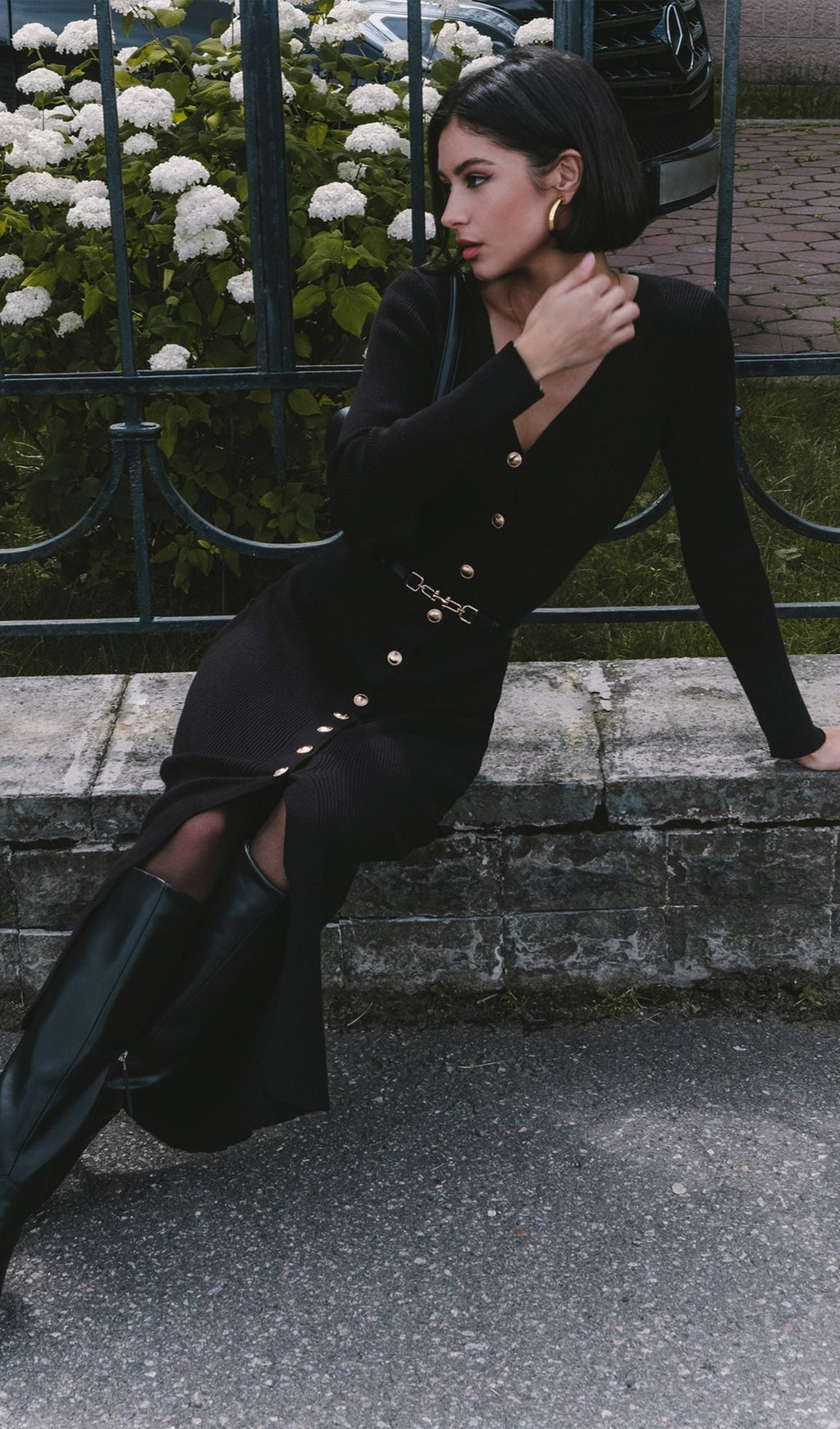 Örme V Yaka Midi Elbise - Siyah