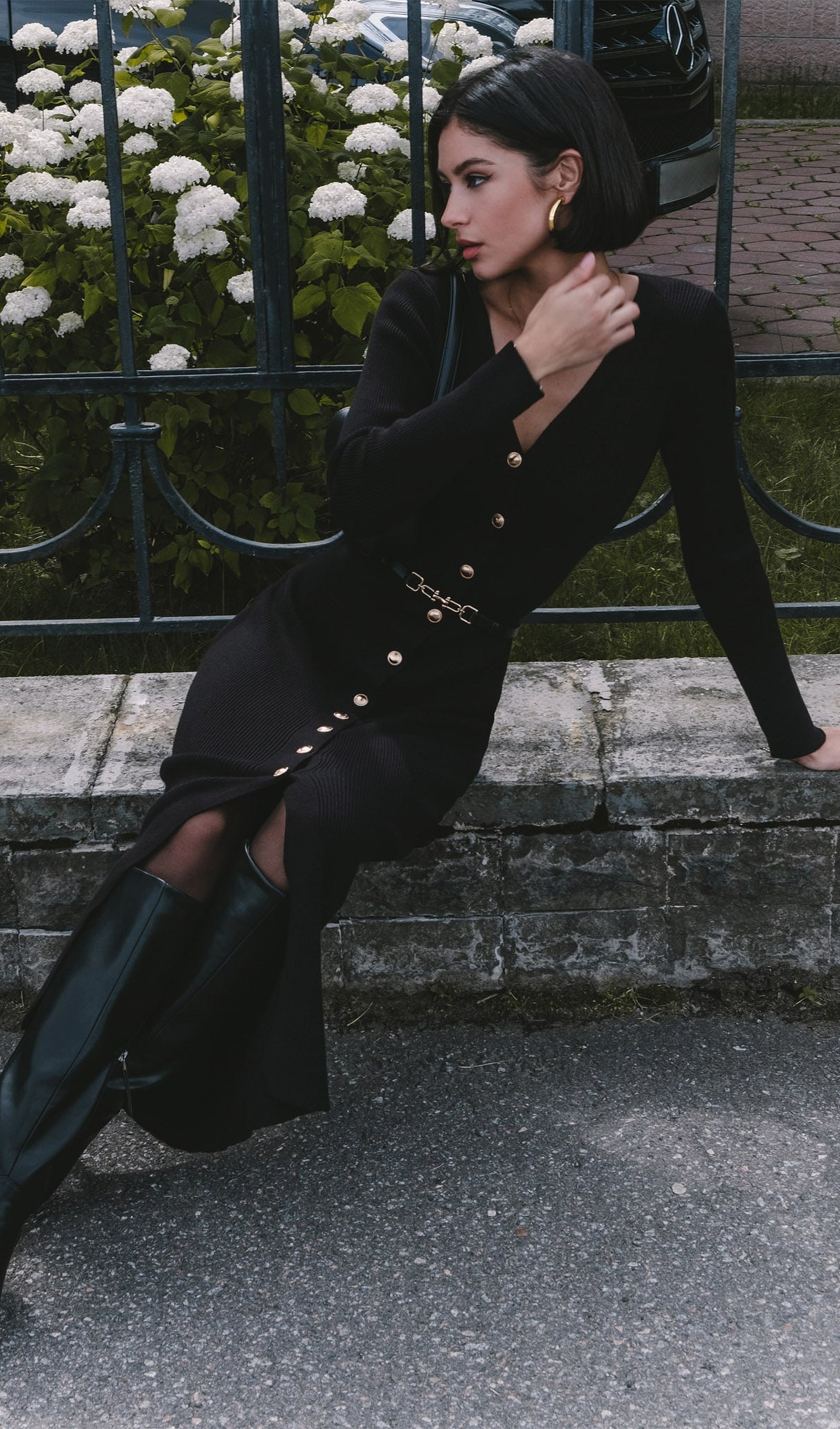 Örme V Yaka Midi Elbise - Siyah