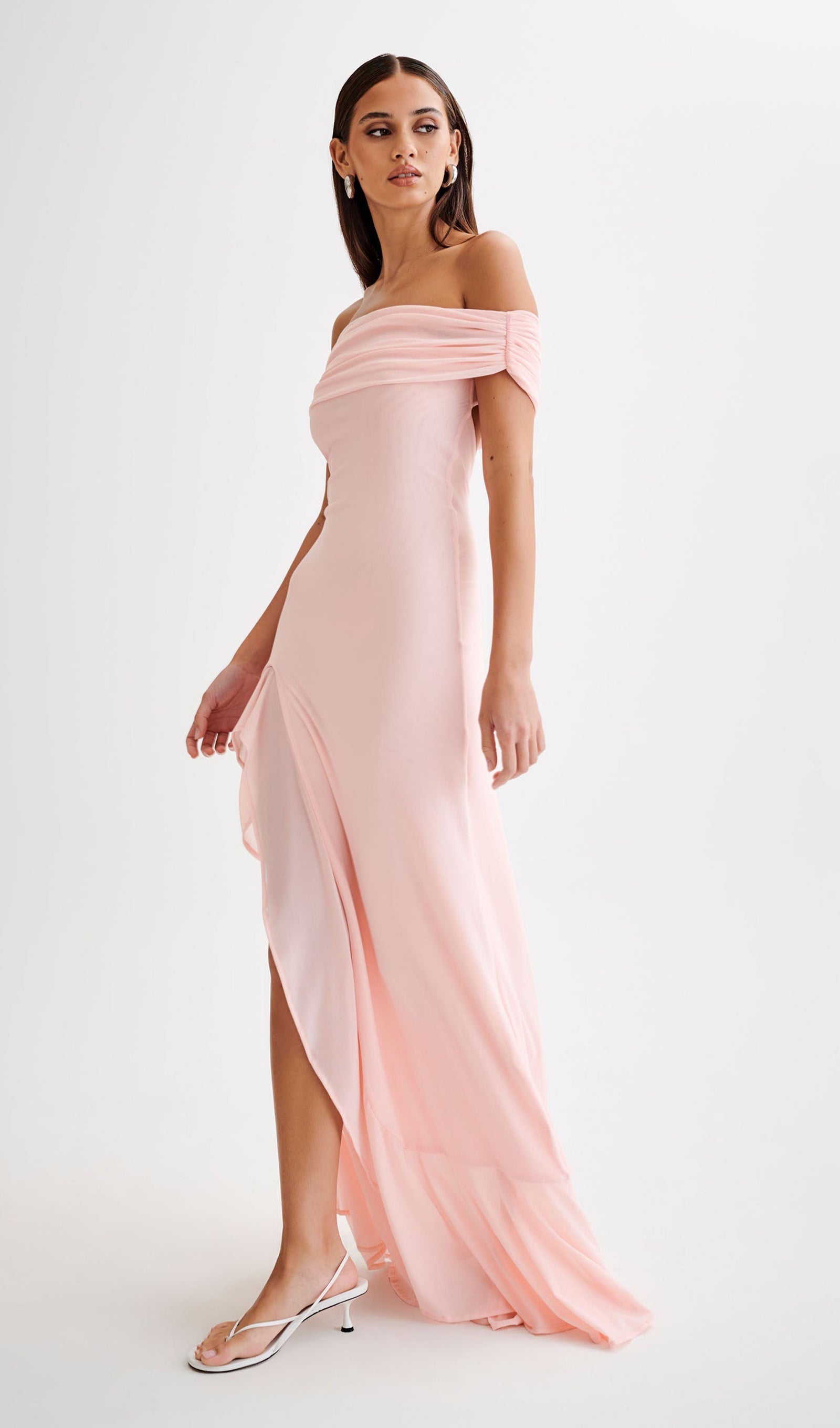 Omuz Açık File Uzun Elbise Soluk Pembe