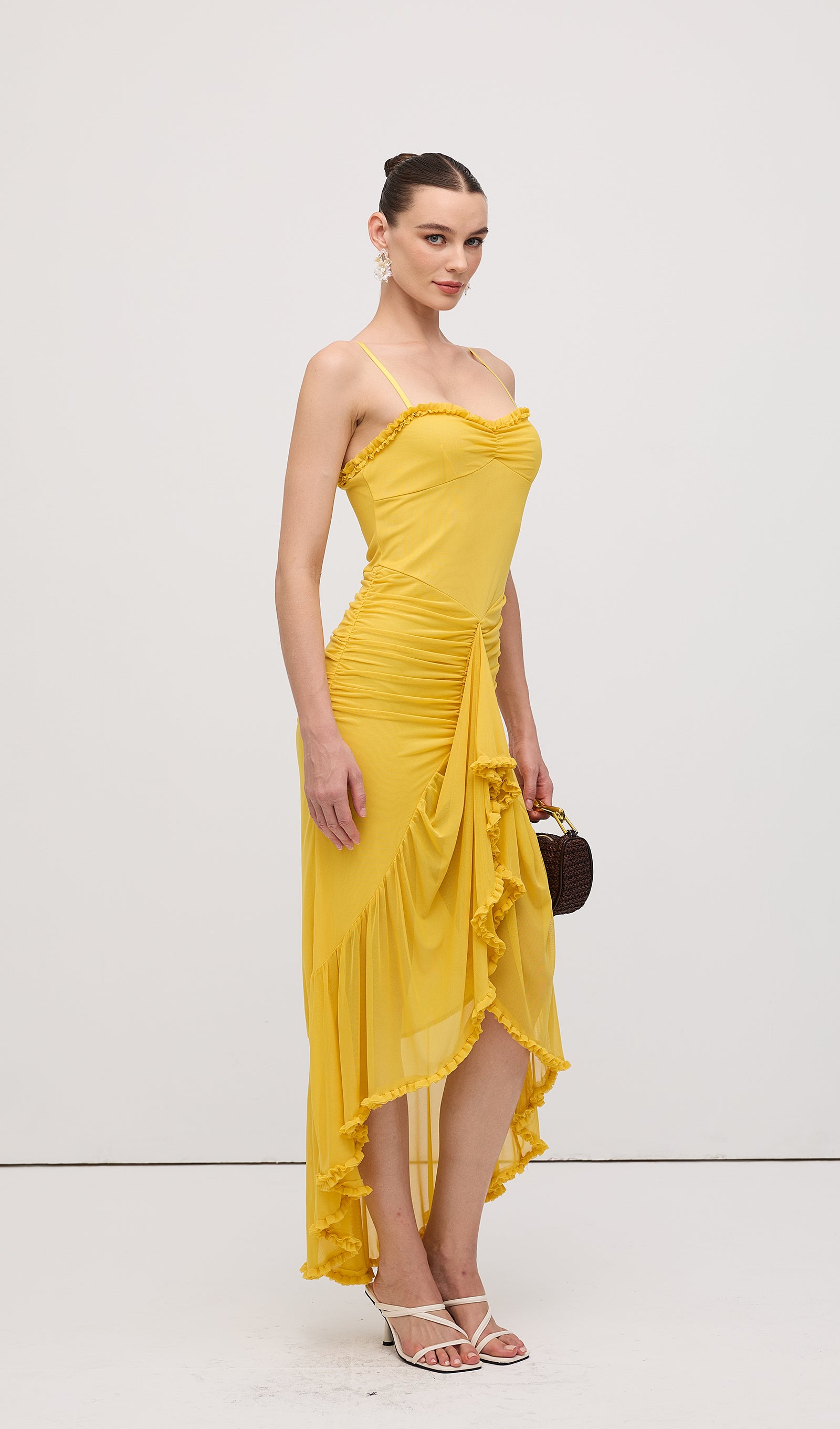 Fileli Önden Volanlı Uzun Elbise Sarı