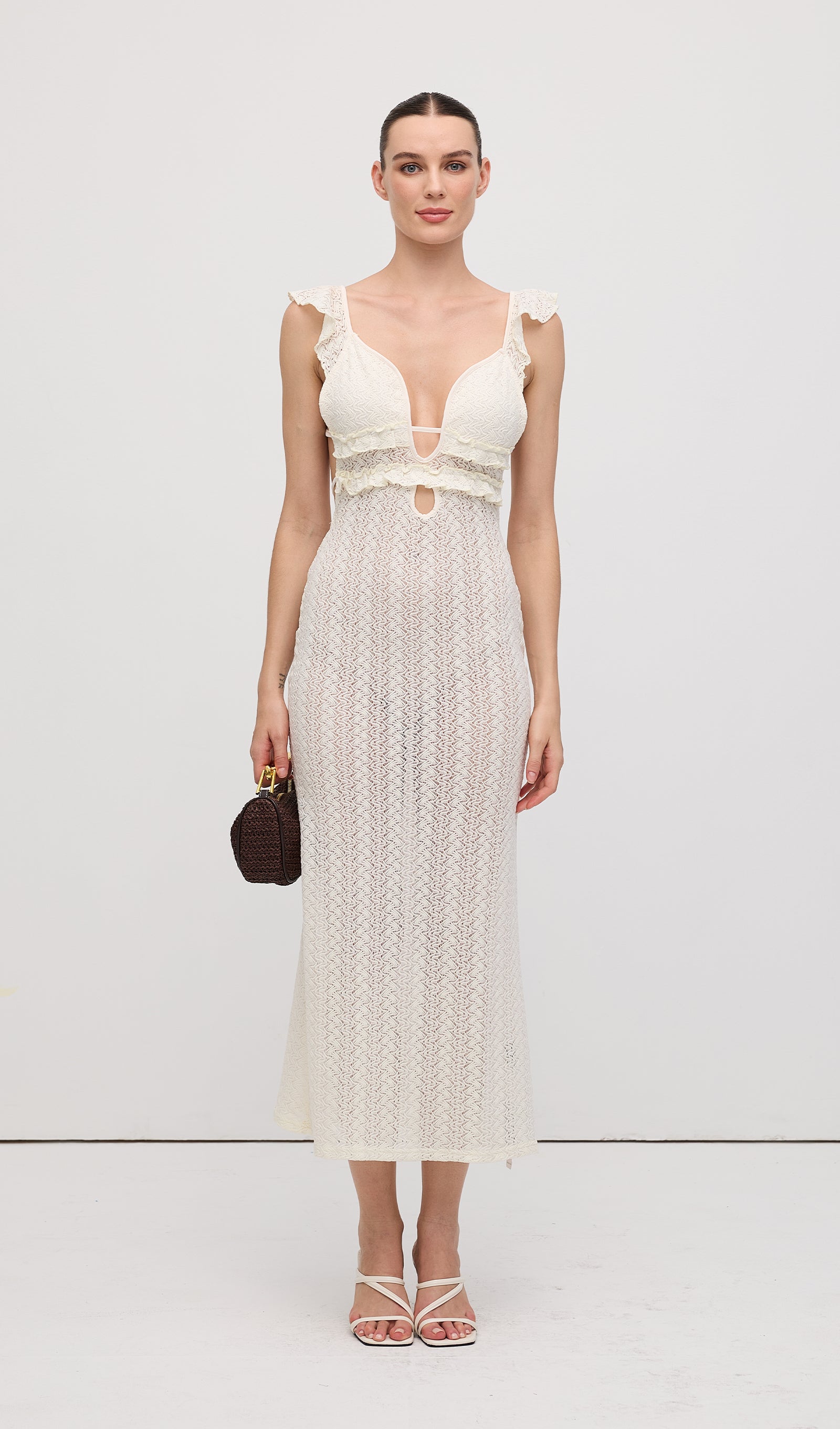 Volanlı Sırtı Açık Örgü Midi Elbise