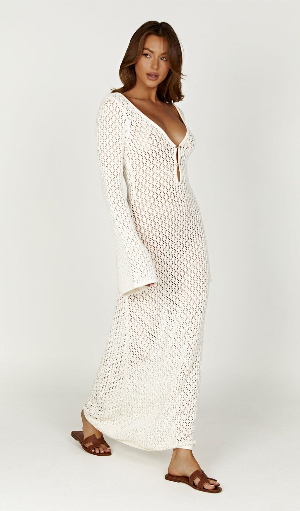 Tığ İşi Balık Kuyruğu Kloş Kollu Uzun Elbise