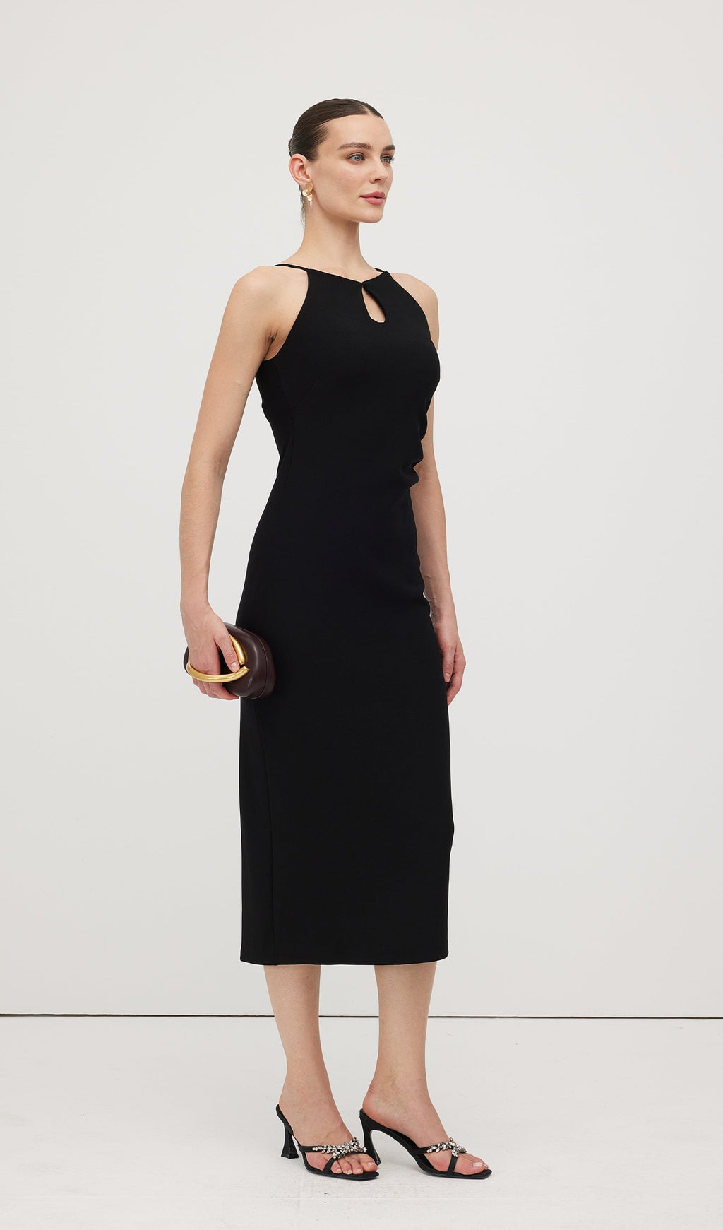 Düz Anahtar Deliği Kesimli Midi Elbise