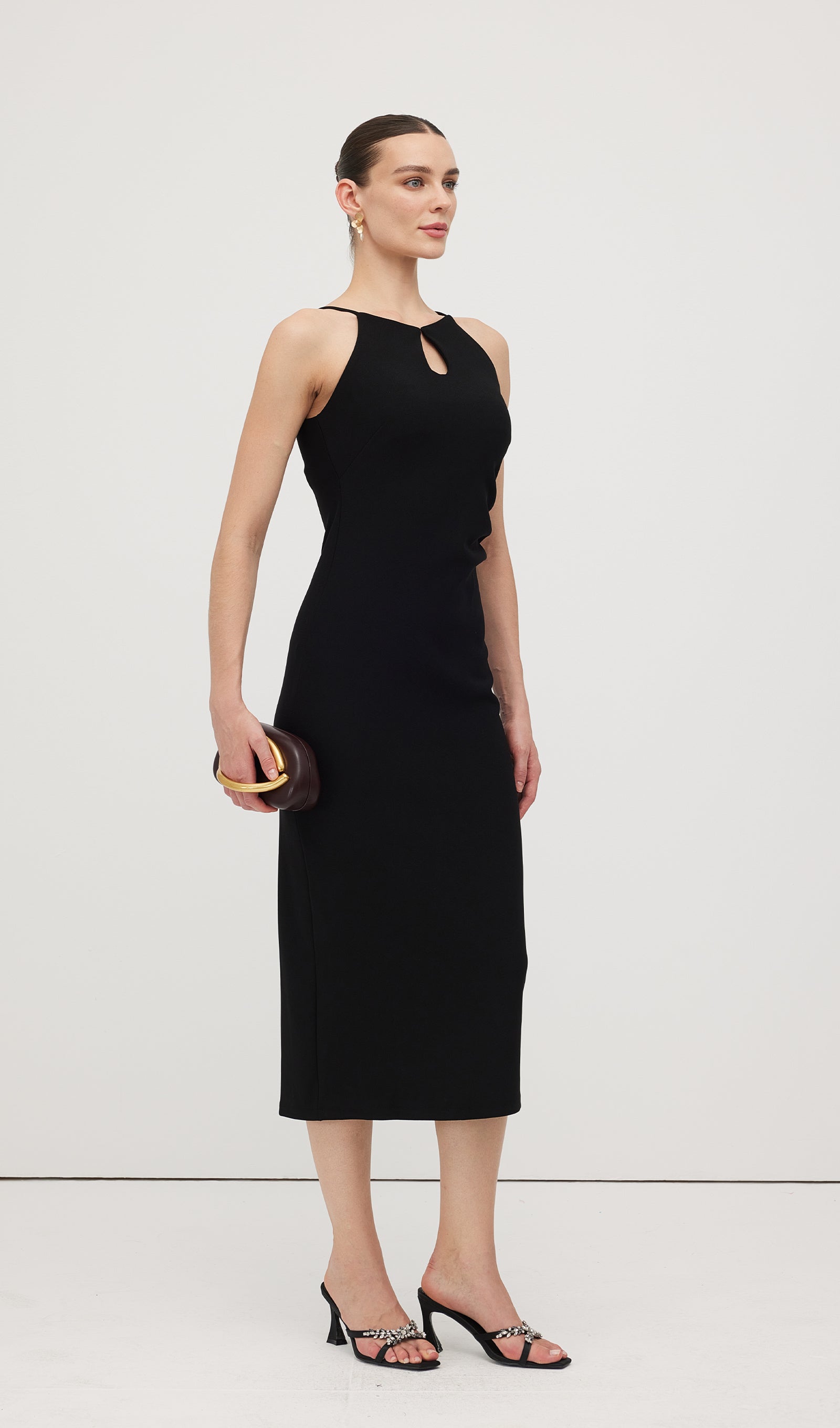 Düz Anahtar Deliği Kesimli Midi Elbise