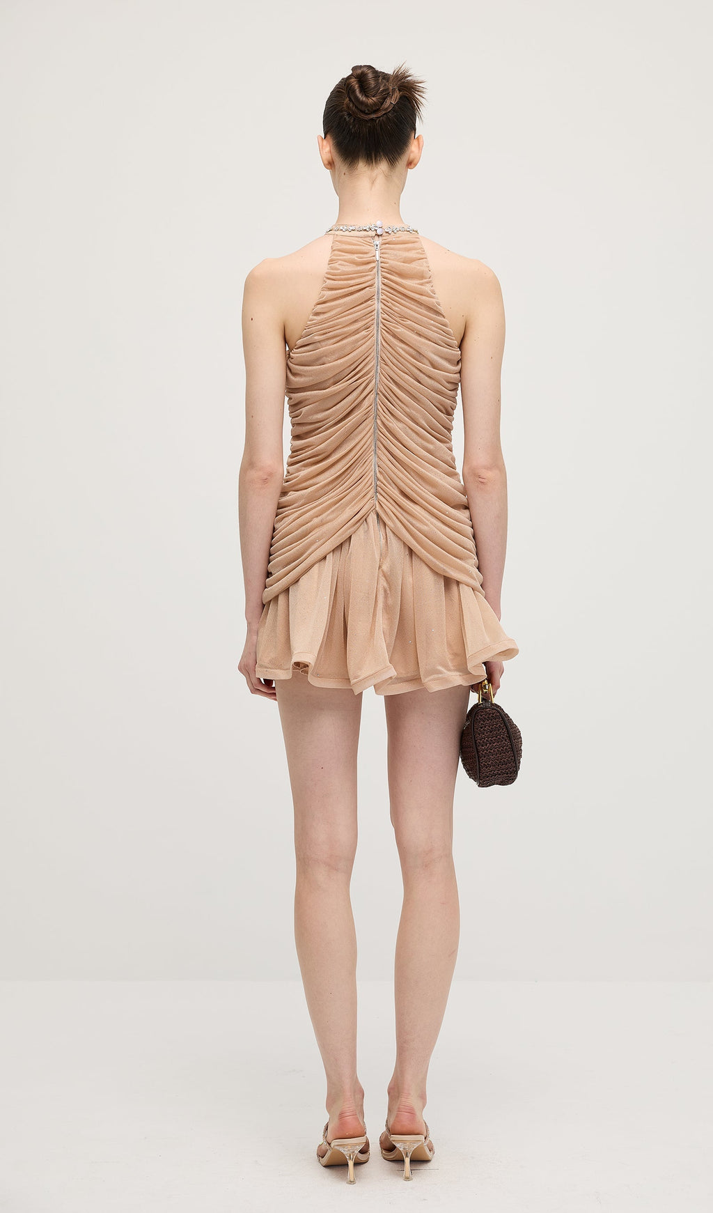 Kayısı Rengi Süslemeli Büzgülü Mini Elbise