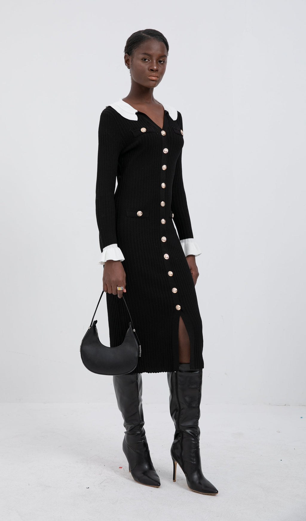 Trendy Jersey Volan Yaka Midi Elbise - Siyah