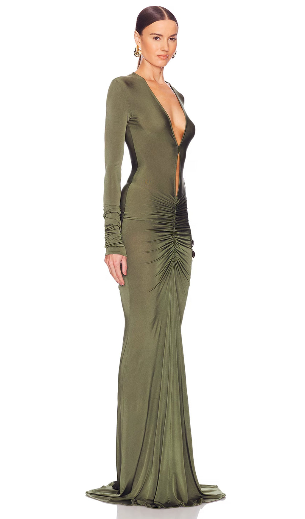 V Yakalı Büzgülü Uzun Elbise