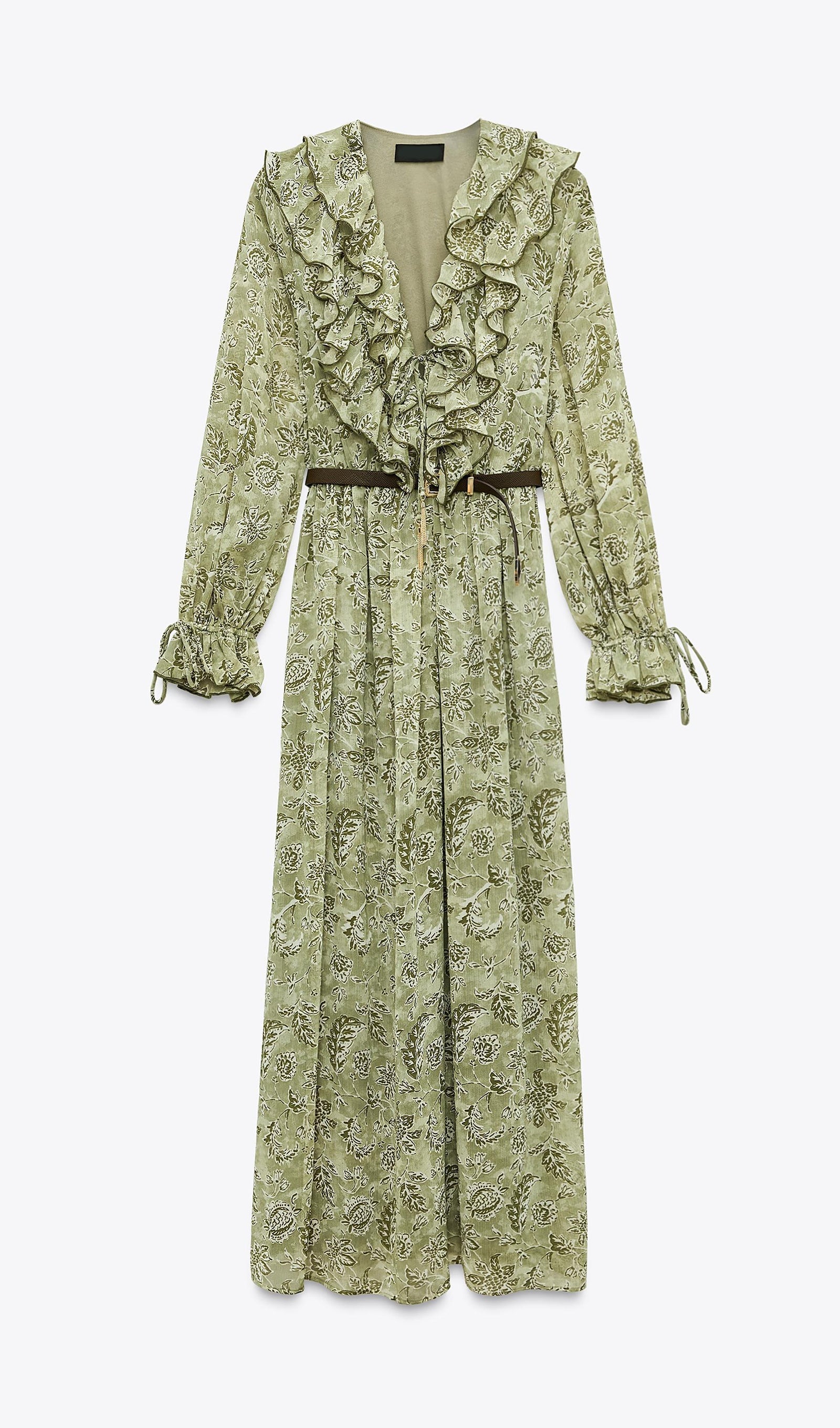 Fırfırlı Baskılı Uzun Elbise