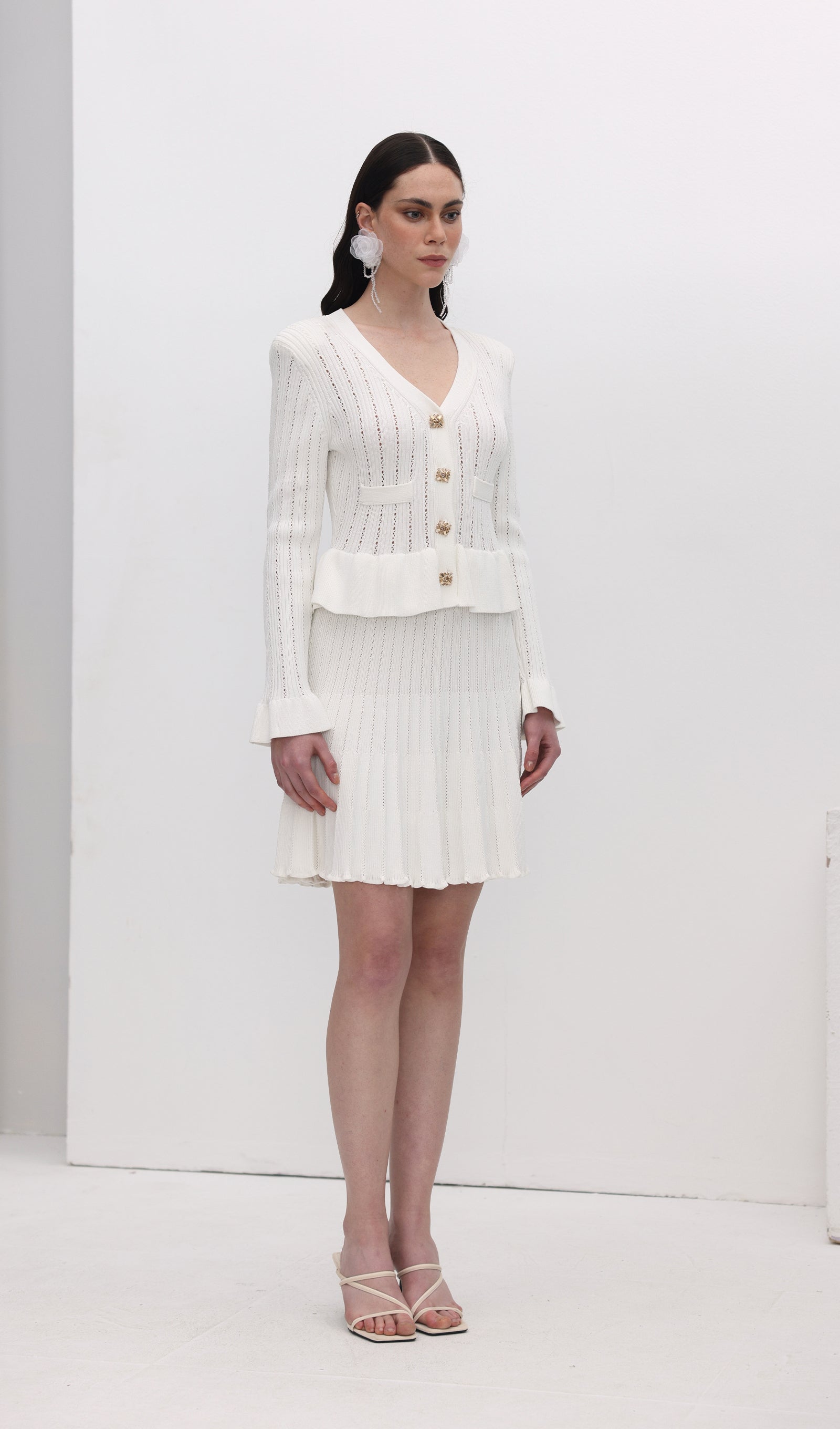 İçi Boş Volanlı Örgü Mini Elbise