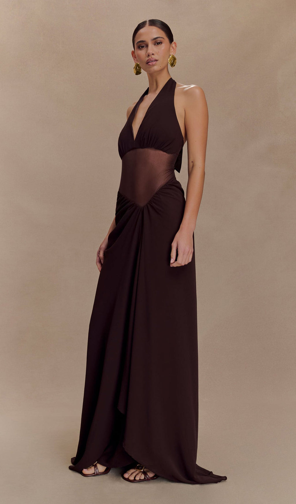 Koyu Çikolata Rengi Şifon Ve File Uzun Elbise