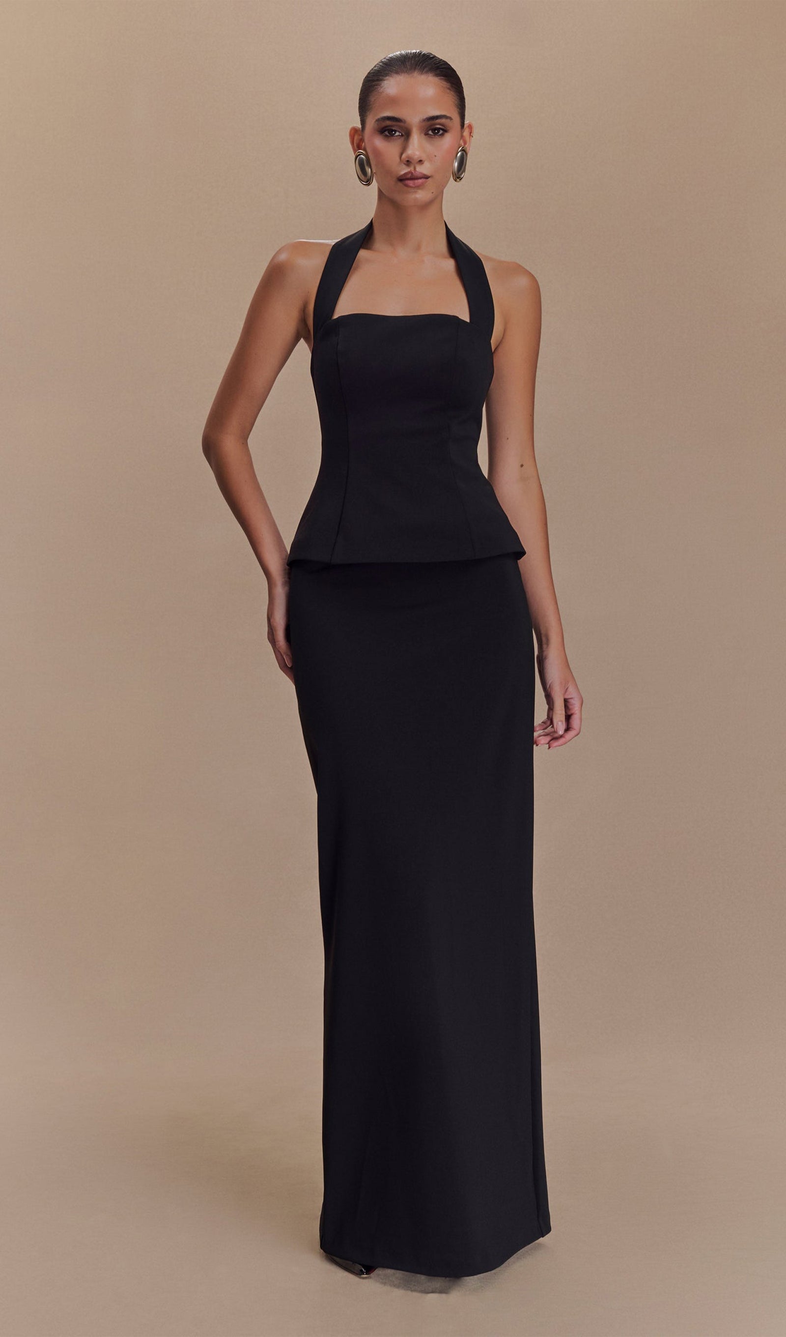 Siyah Peplum Halter Uzun Elbise