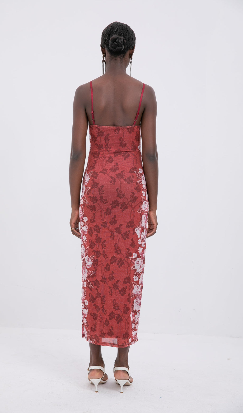 Moda Çiçek Desenli Gül Çizgili Uzun Elbise