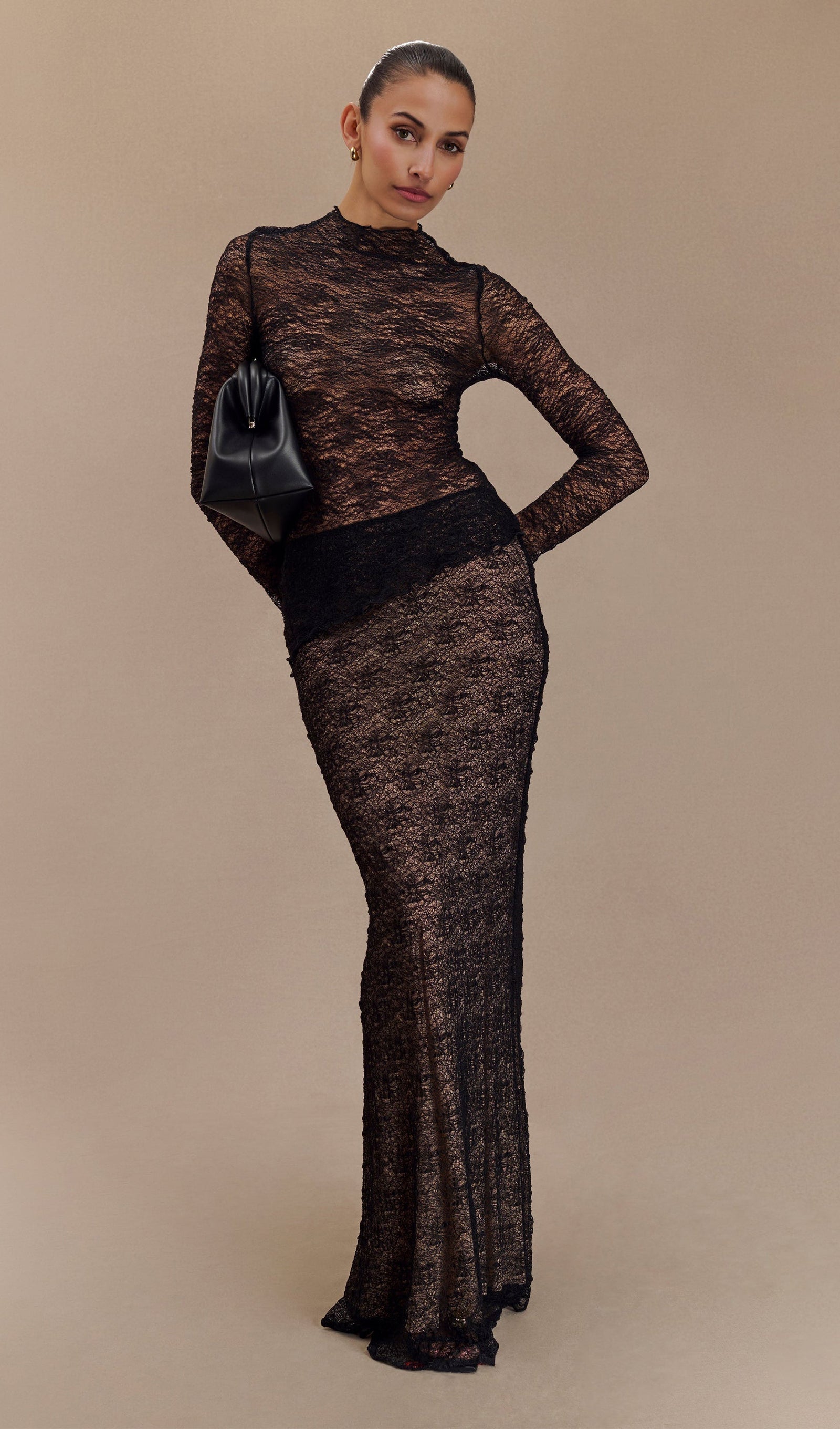 Siyah Şeffaf Dantel Üst Ve Uzun Etek Takımları