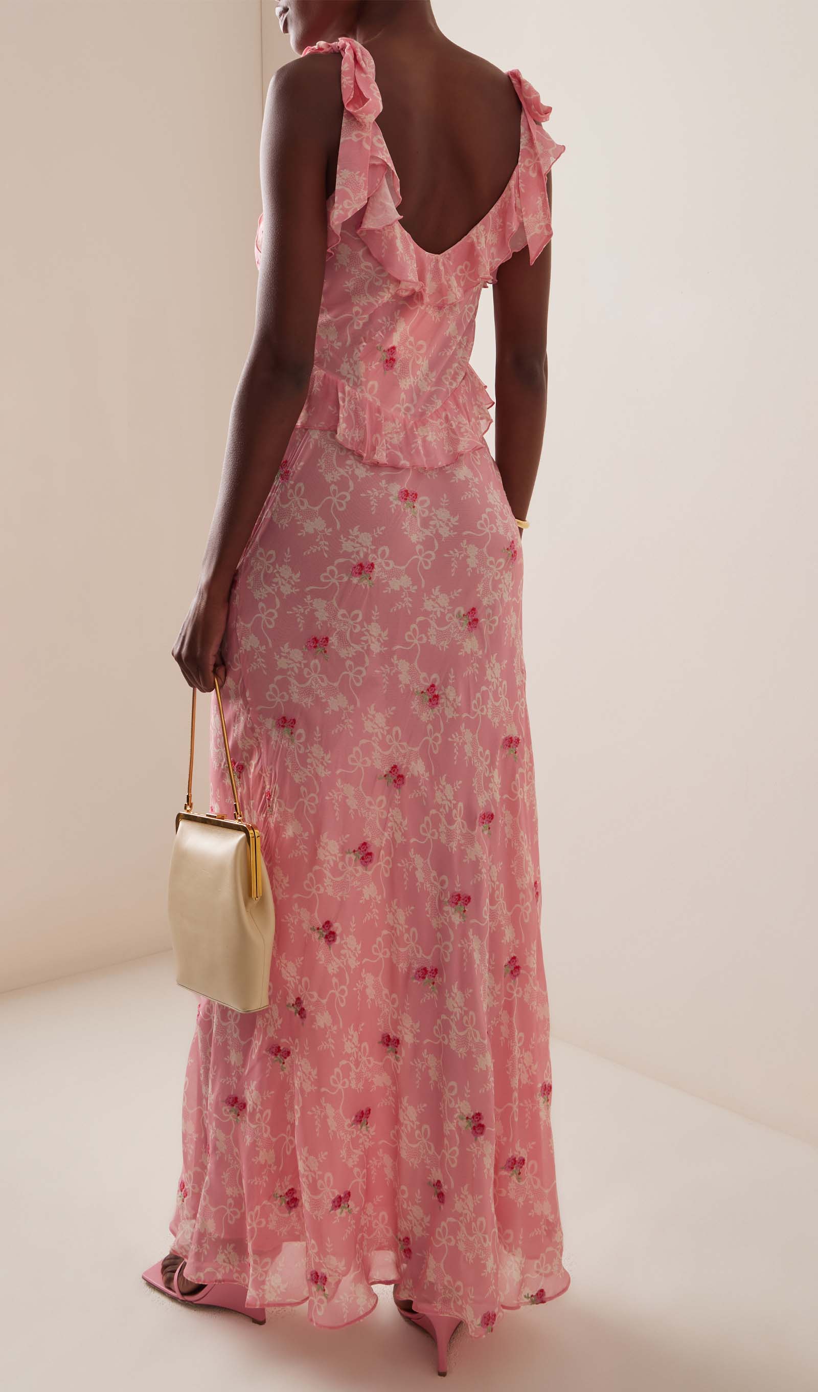 Çiçekli Volanlı File Uzun Elbise