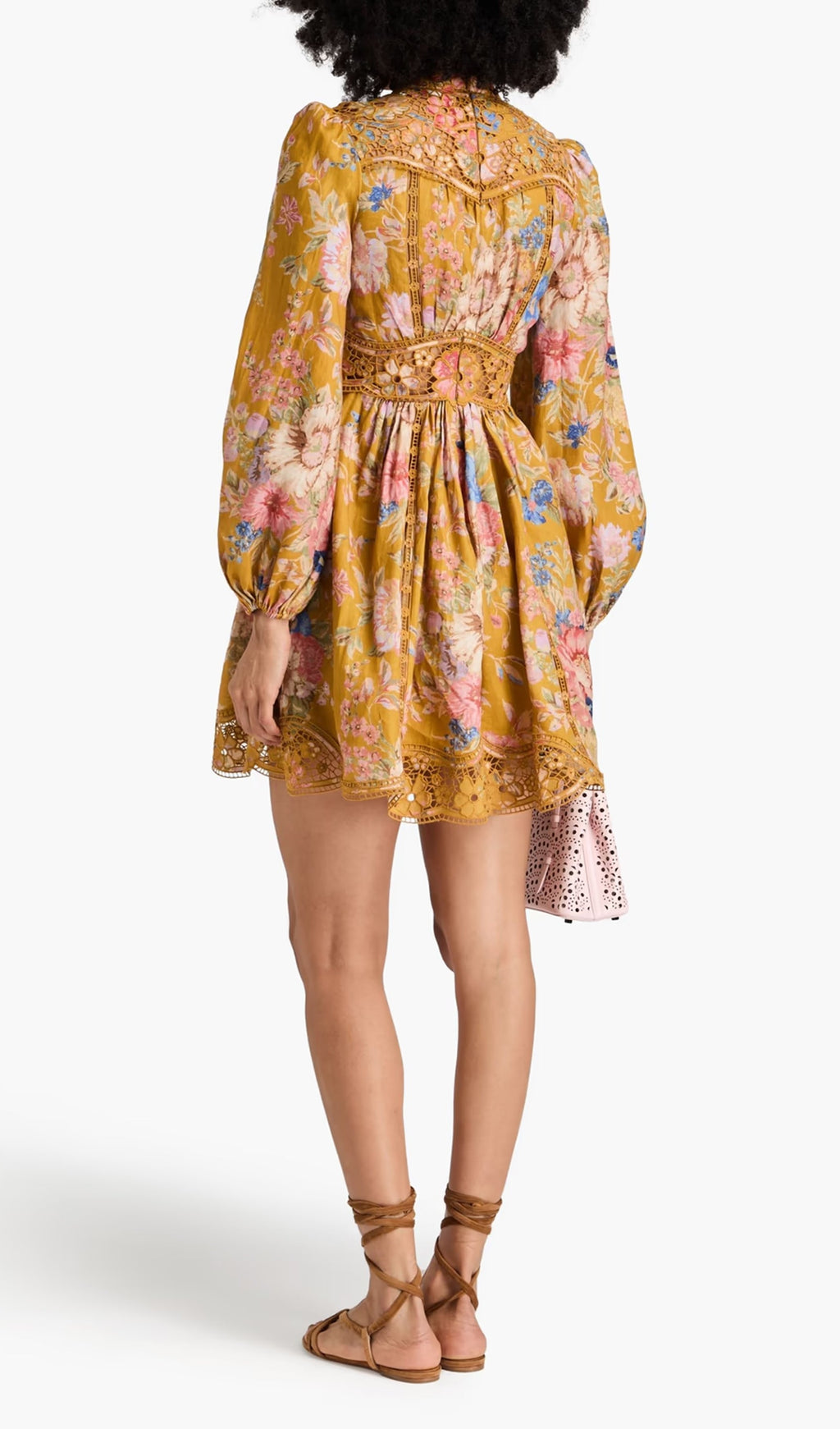 Kafes Kenarlı Çiçek Desenli Keten Mini Elbise