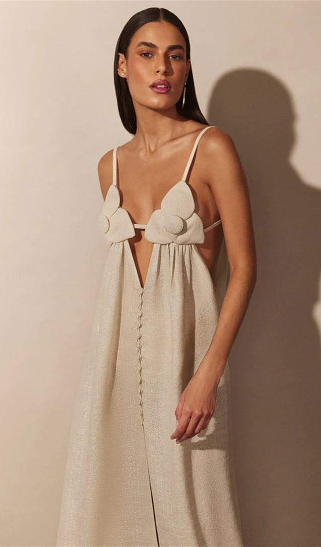 V Yakalı Çiçekli Yüksek Yırtmaçlı Uzun Elbise