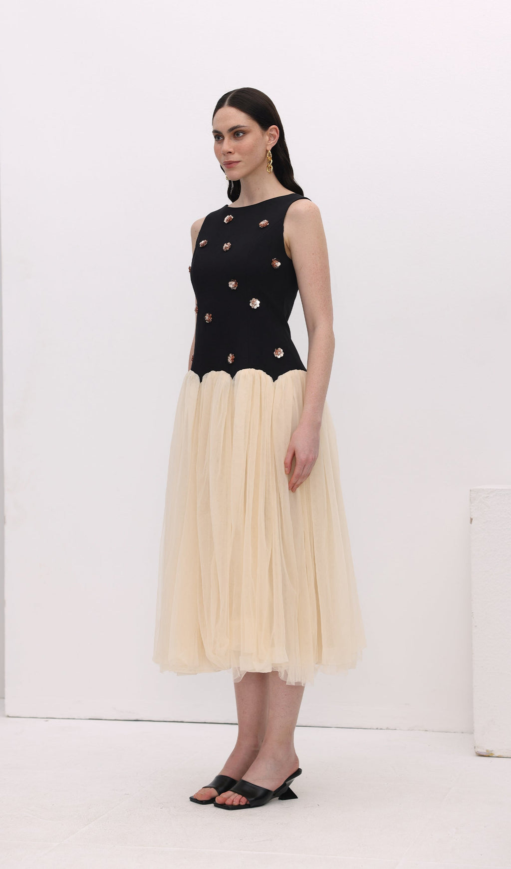 Vintage Kontrast Tül Midi Elbise