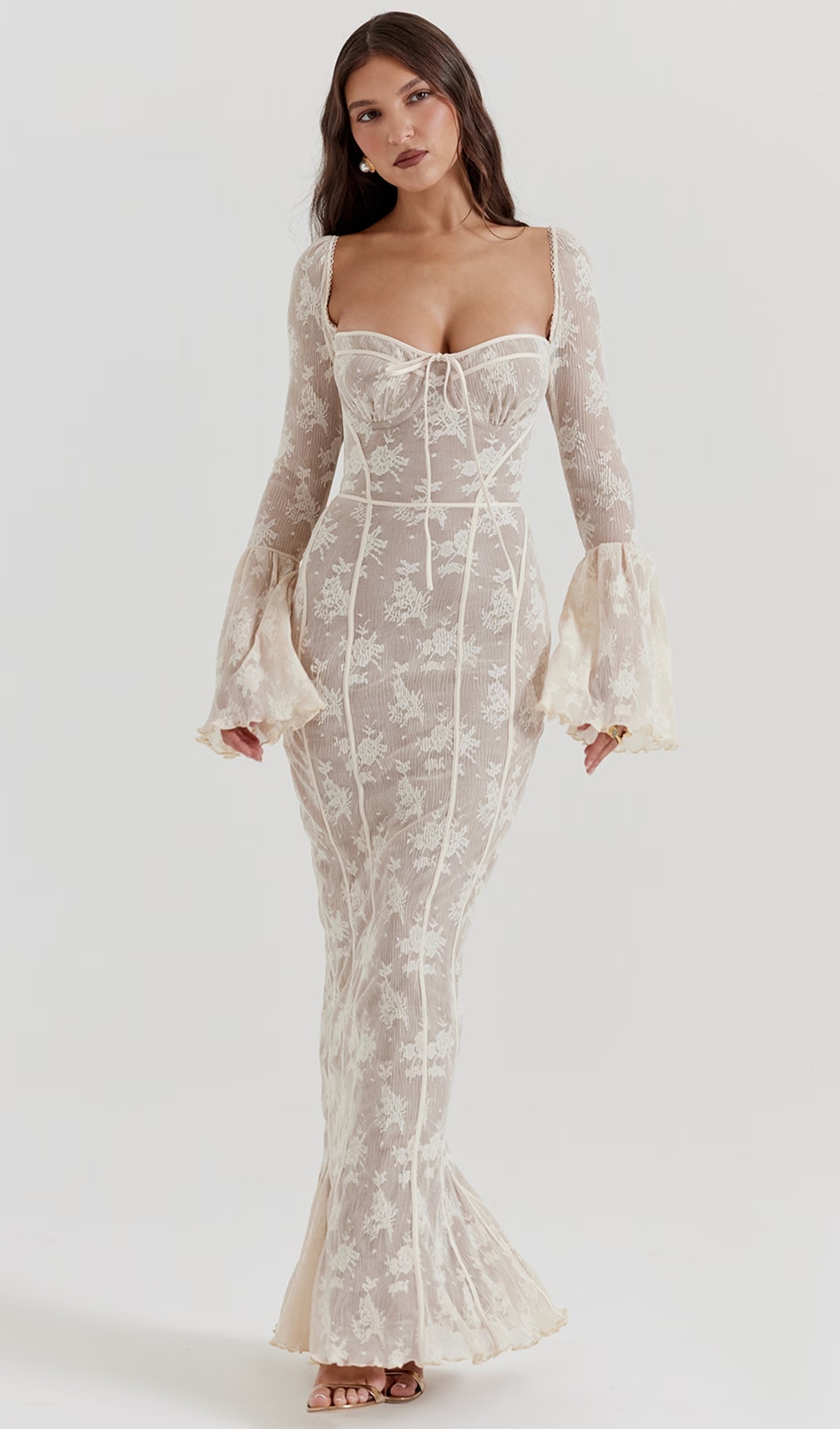 Vintage Krem Dantel Uzun Elbise