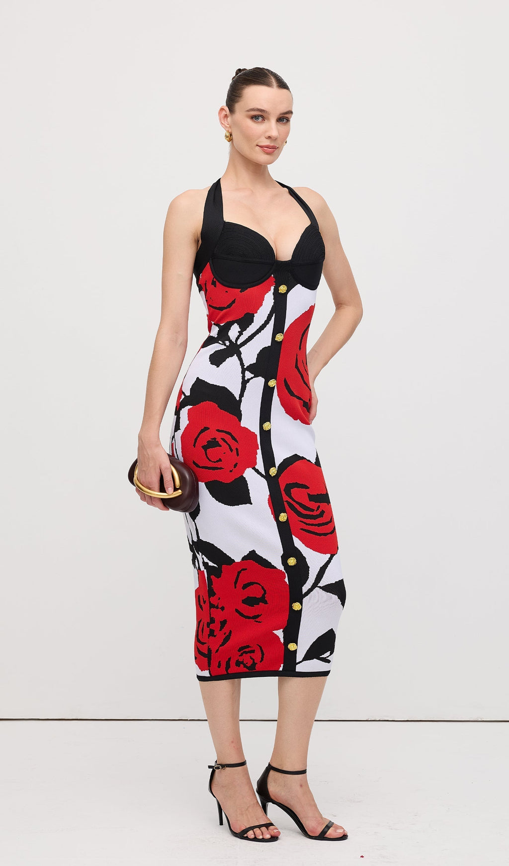 Çiçekli Jakarlı Örgü Midi Elbise