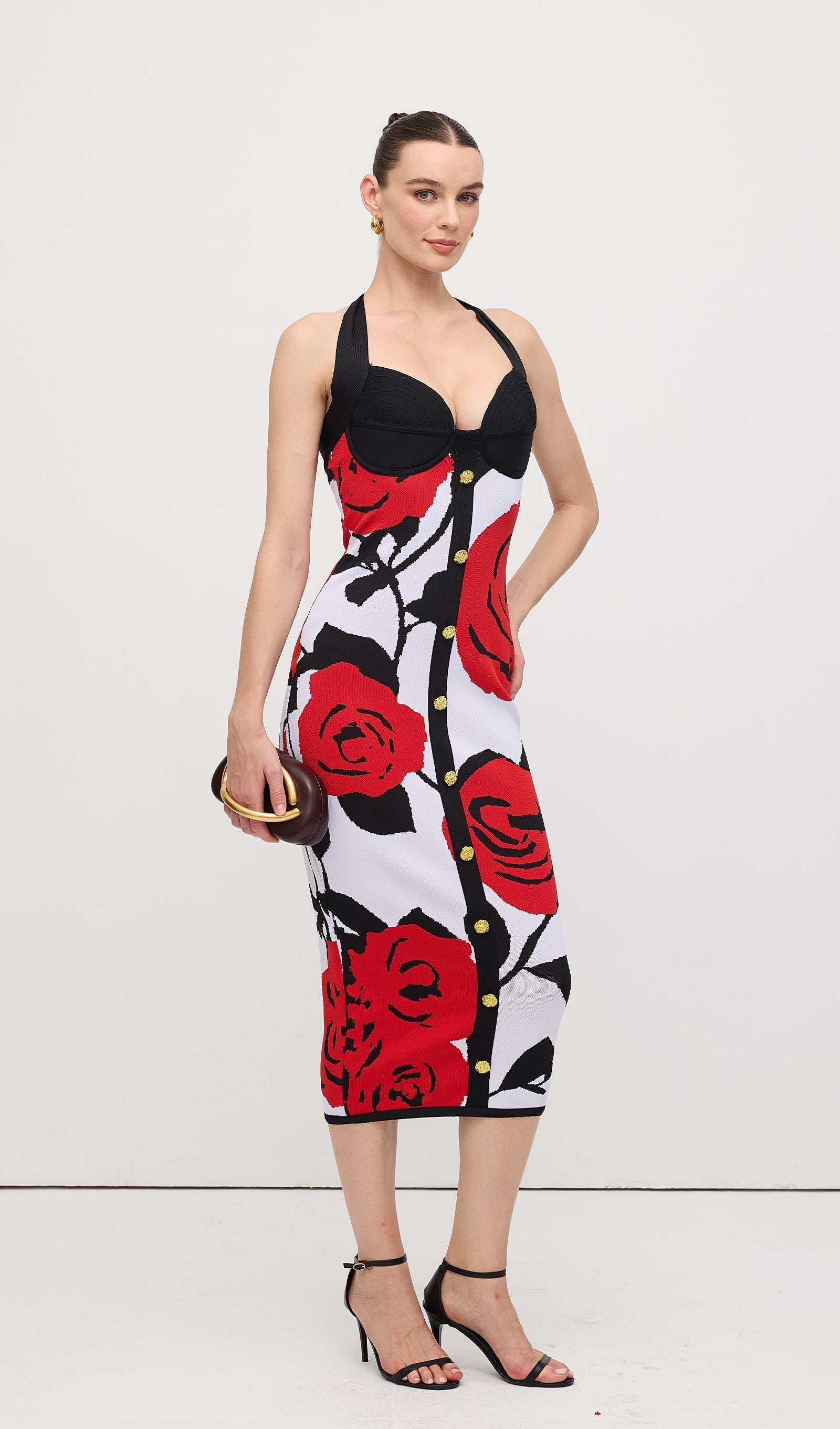 Çiçekli Jakarlı Örgü Midi Elbise