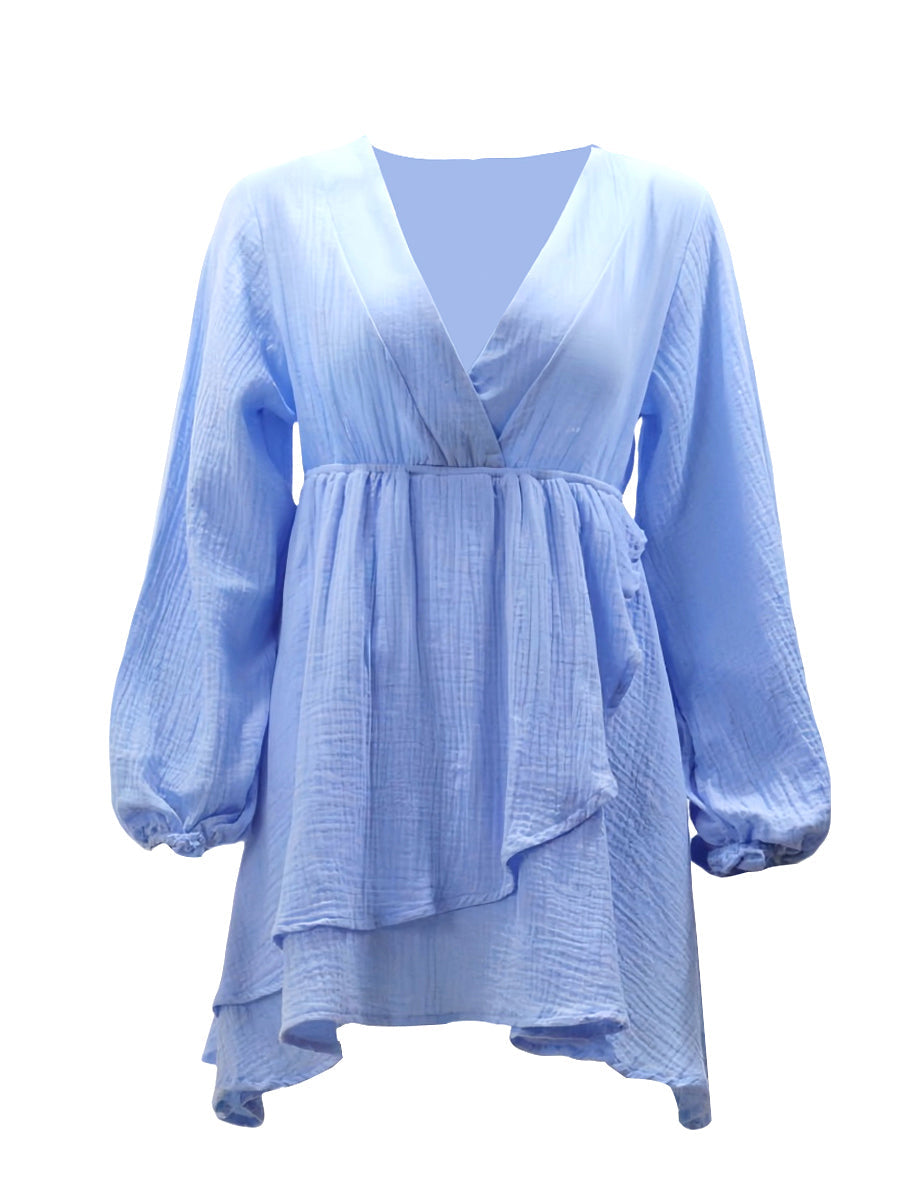 Kemersiz V Yaka Fener Kollu Mini Elbise