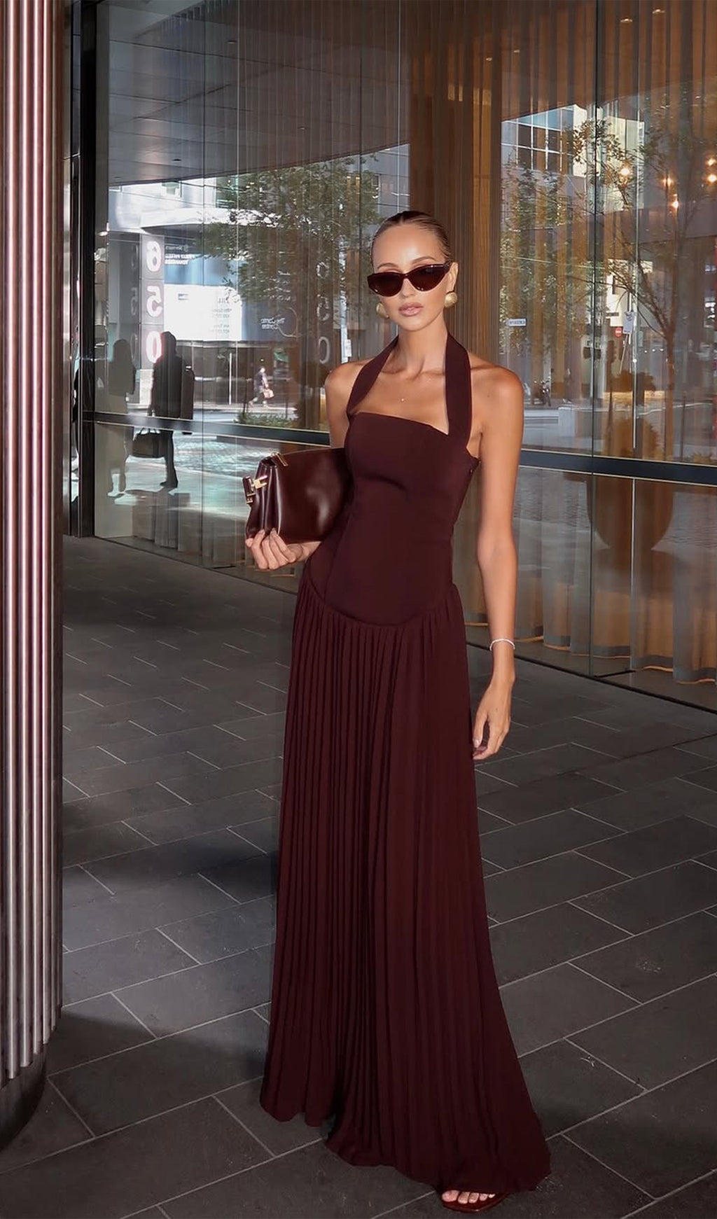 Pileli Askılı Uzun Elbise