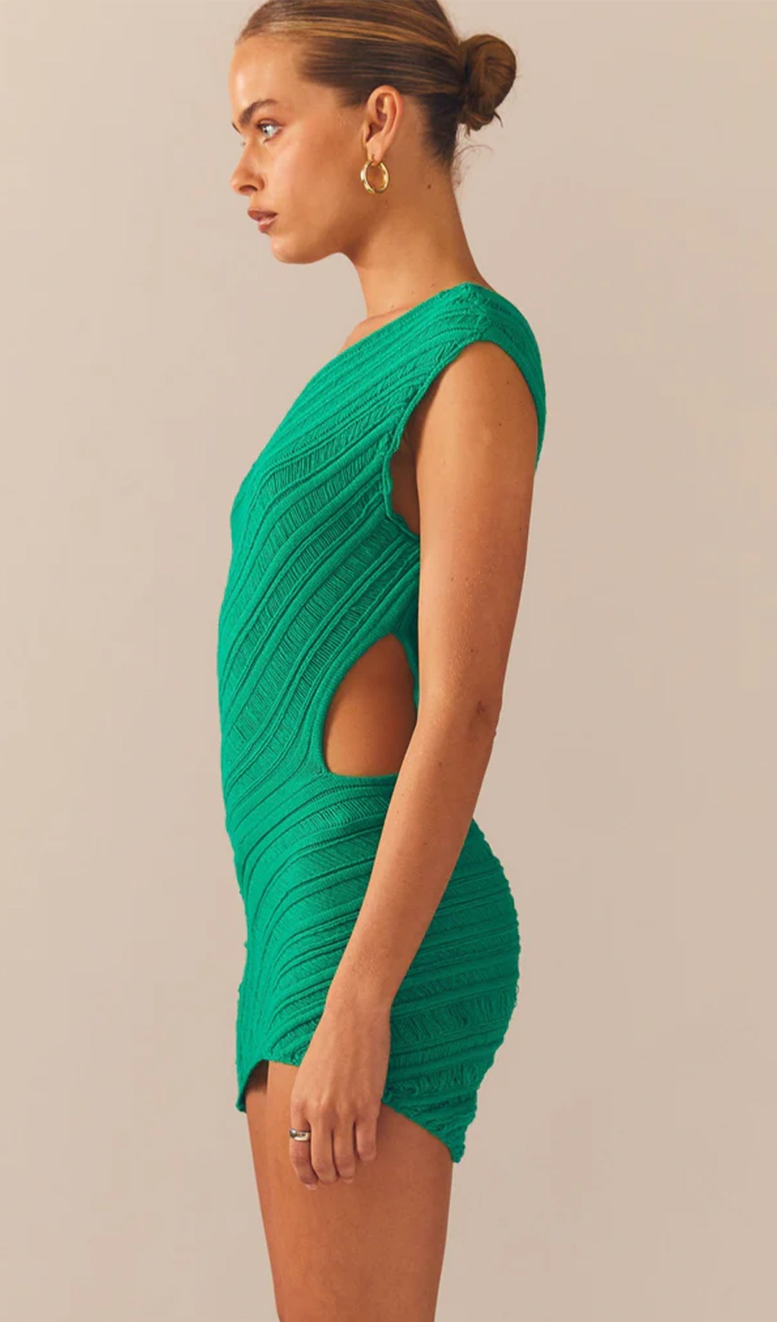 Ladder Hollow Örgü Mini Elbise-Yeşil