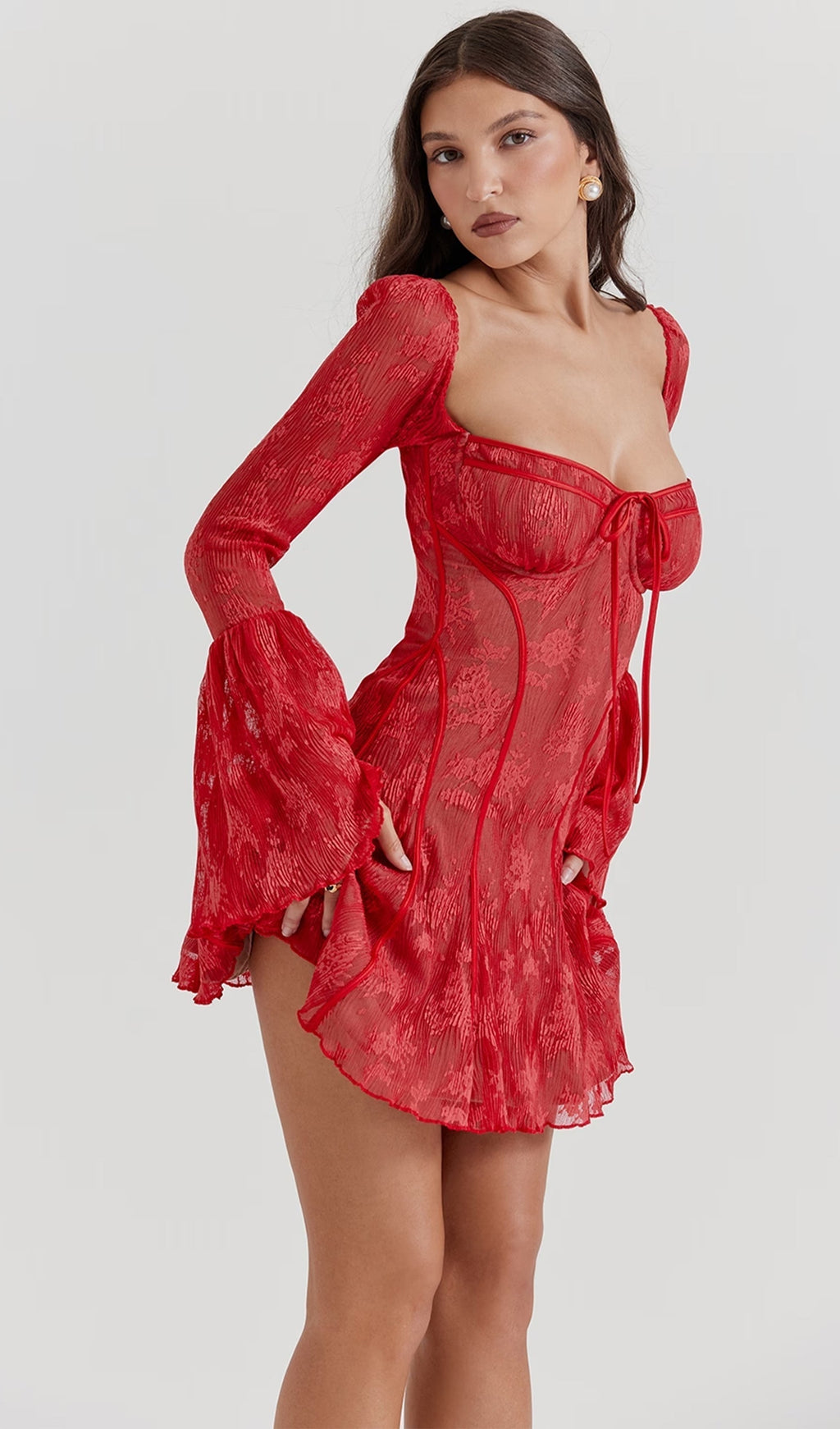 Kavita Kırmızı Dantel Mini Elbise