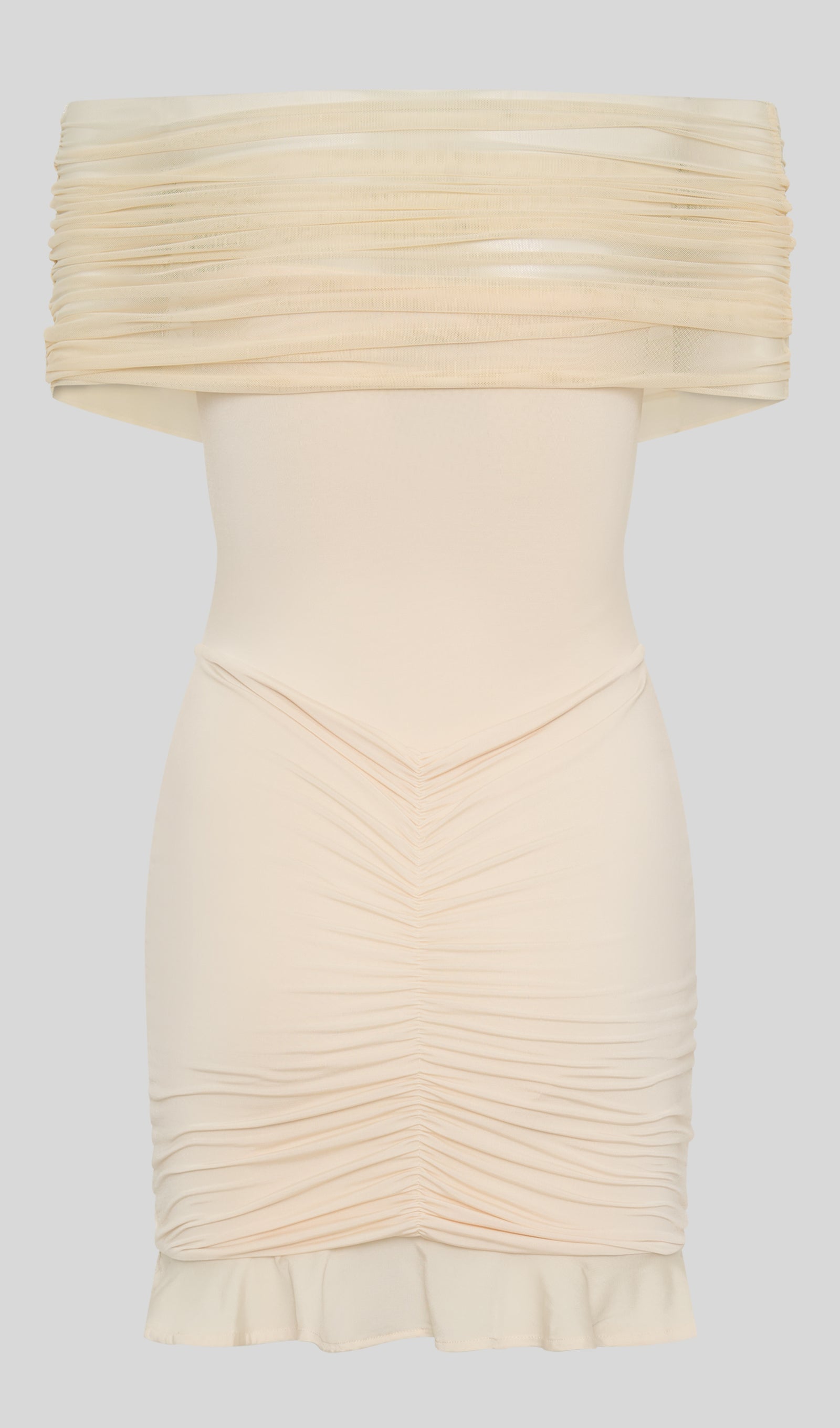 Fildişi Rengi Slinky Ve Fileli Omuz Açık Mini Elbise