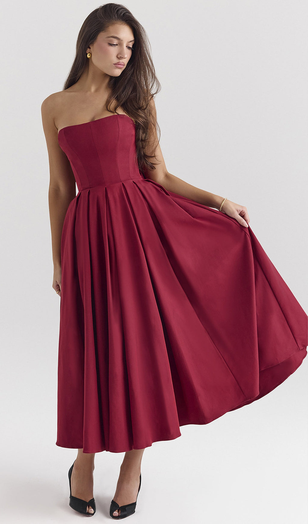 Bordo Askısız Korseli Midi Elbise