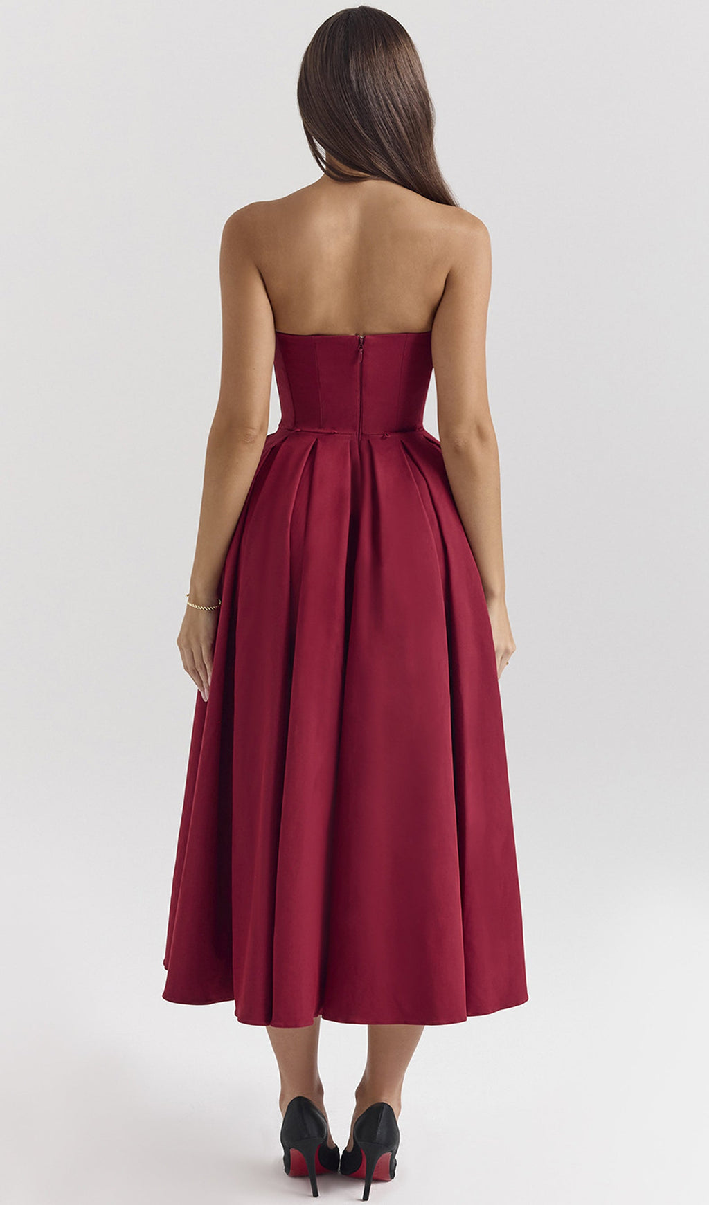 Bordo Askısız Korseli Midi Elbise