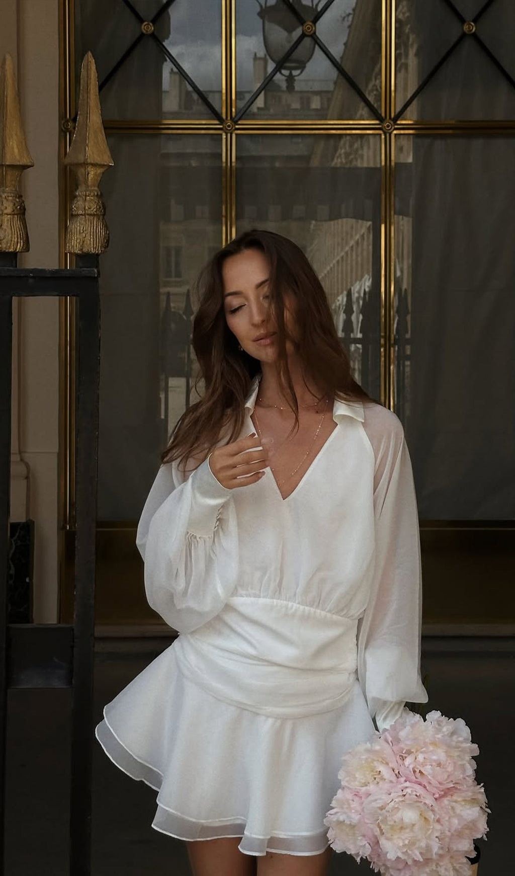 Beyaz Düz Fener Kollu Mini Elbise