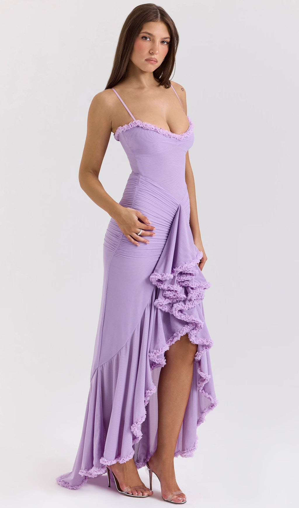 Taro Moru Fileli Önden Volanlı Uzun Elbise