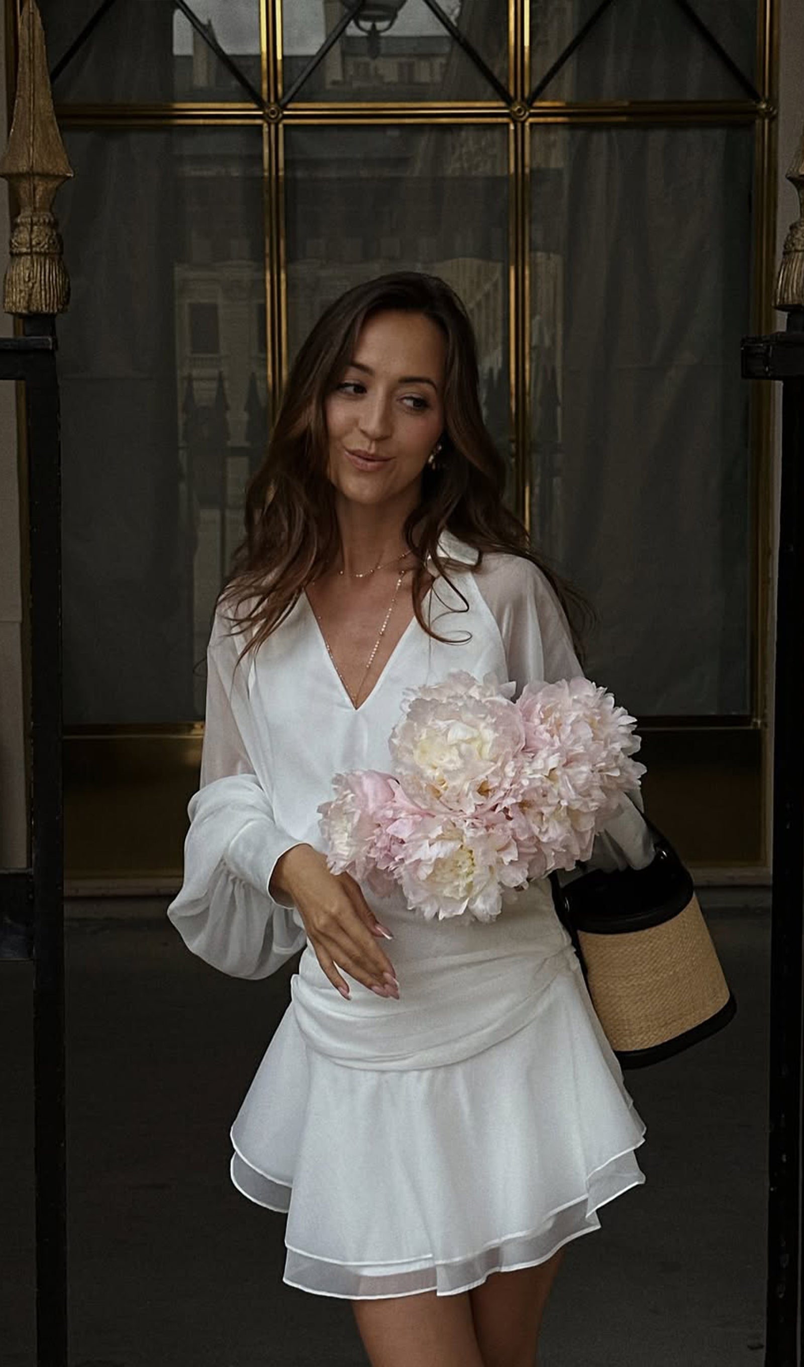 Beyaz Düz Fener Kollu Mini Elbise