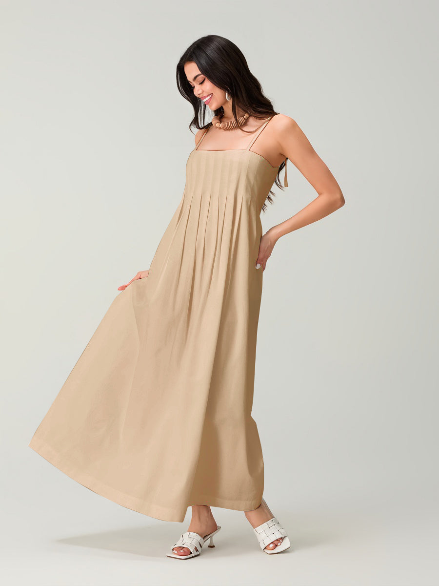 Spagetti Pileli Bol Uzun Elbise