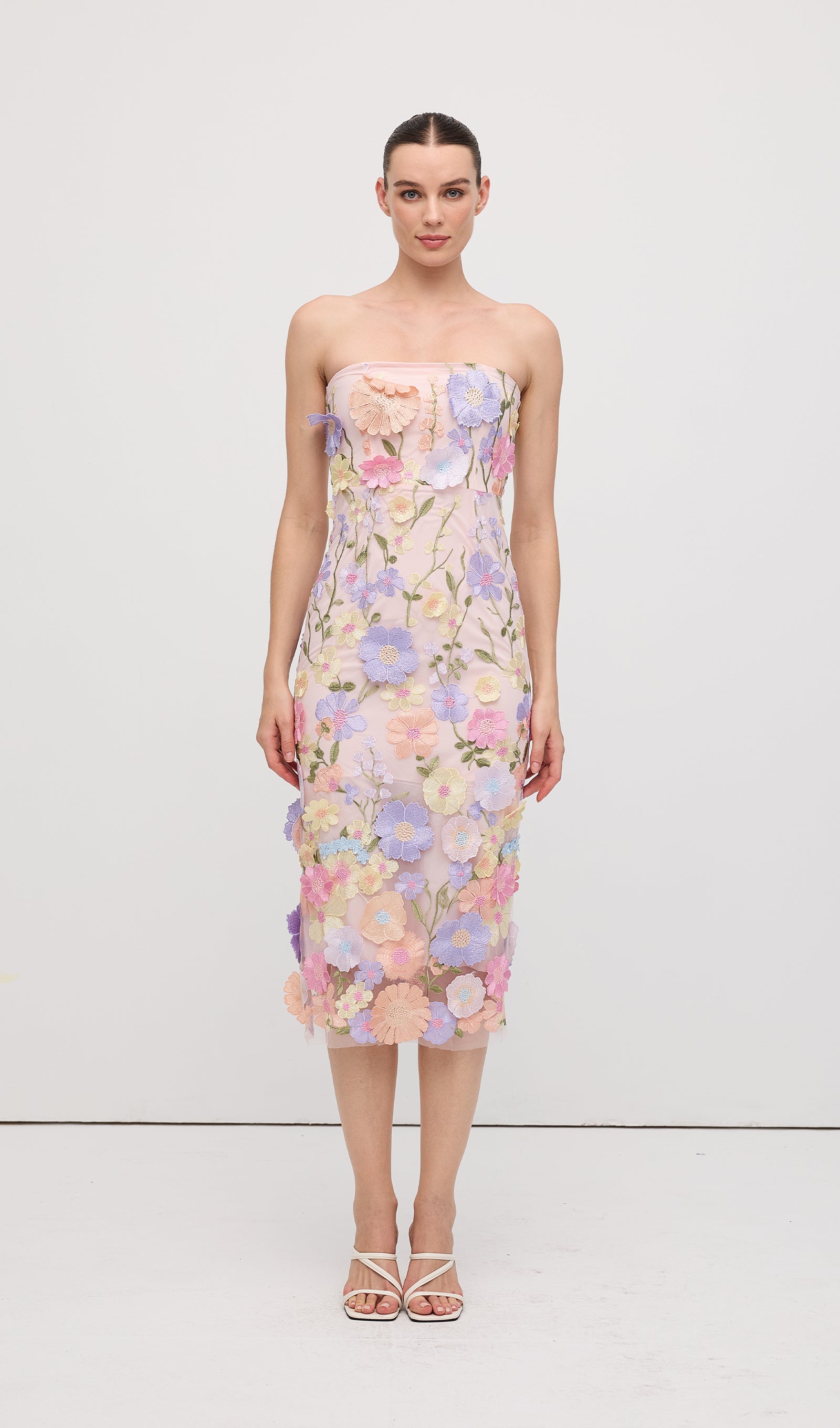 Mor Çiçek Desenli Kolsuz Midi Elbise