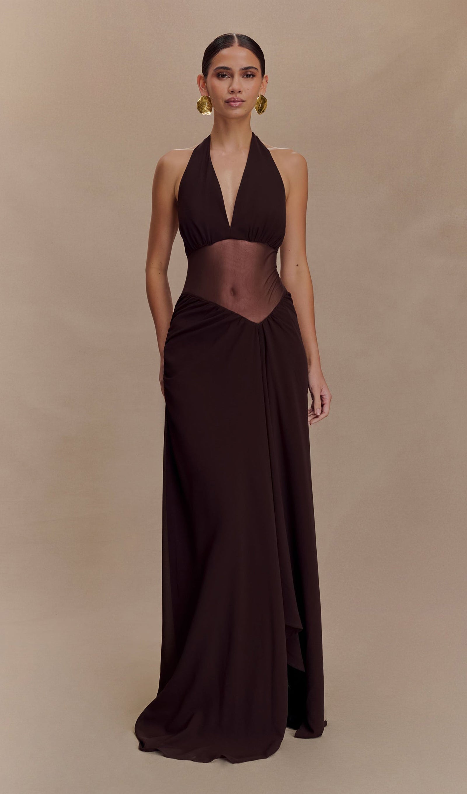 Koyu Çikolata Rengi Şifon Ve File Uzun Elbise