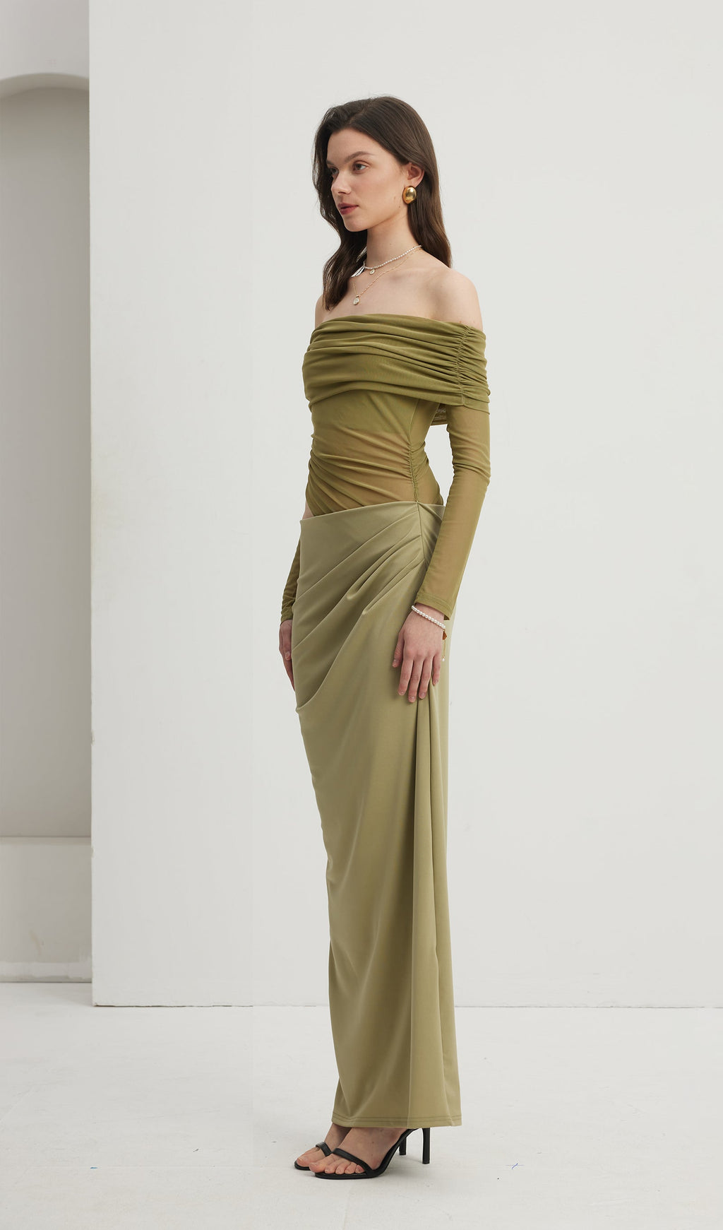 Omuz Açık Şeffaf Uzun File Yeşil