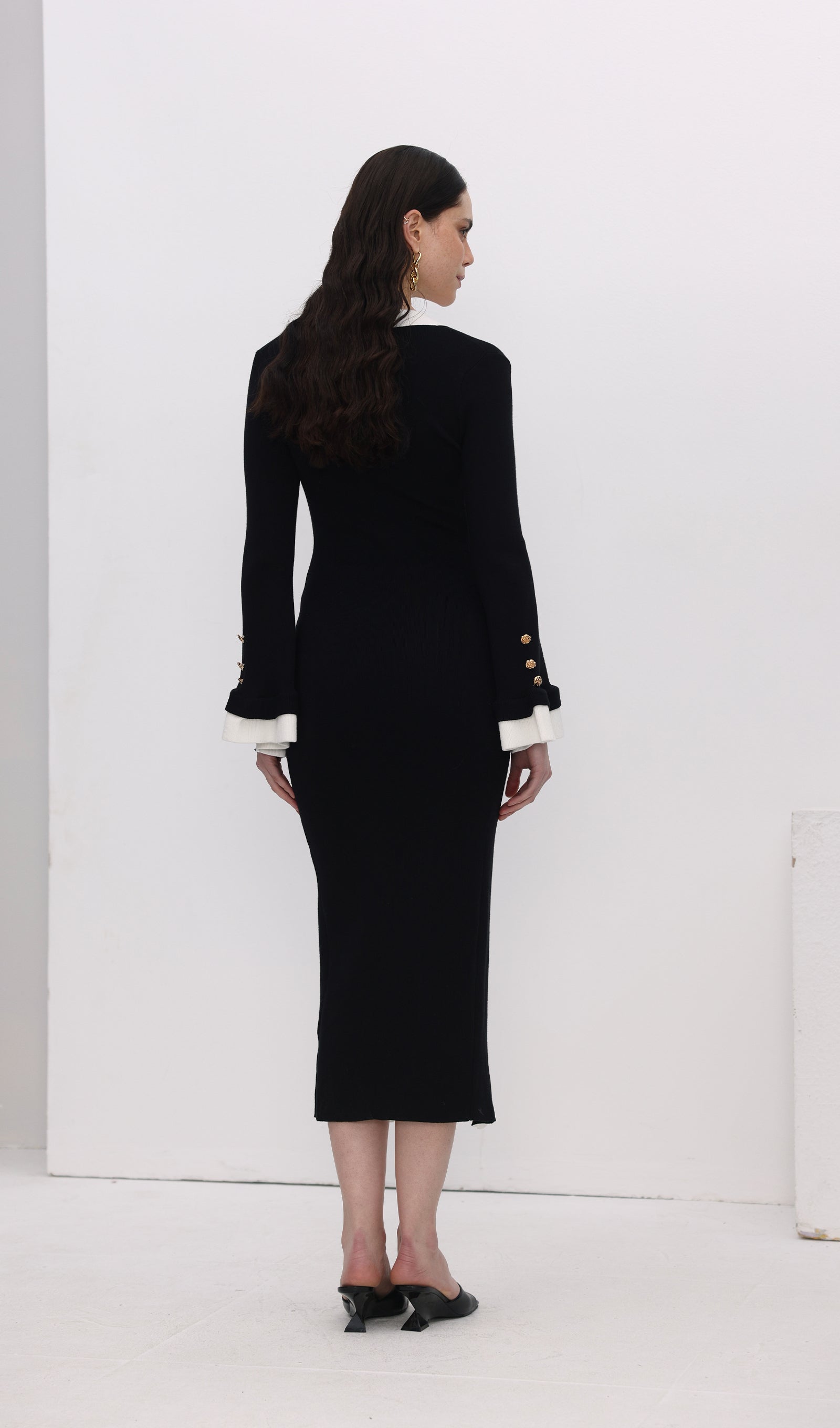 Örme Kontrast Manşetli Uzun Elbise