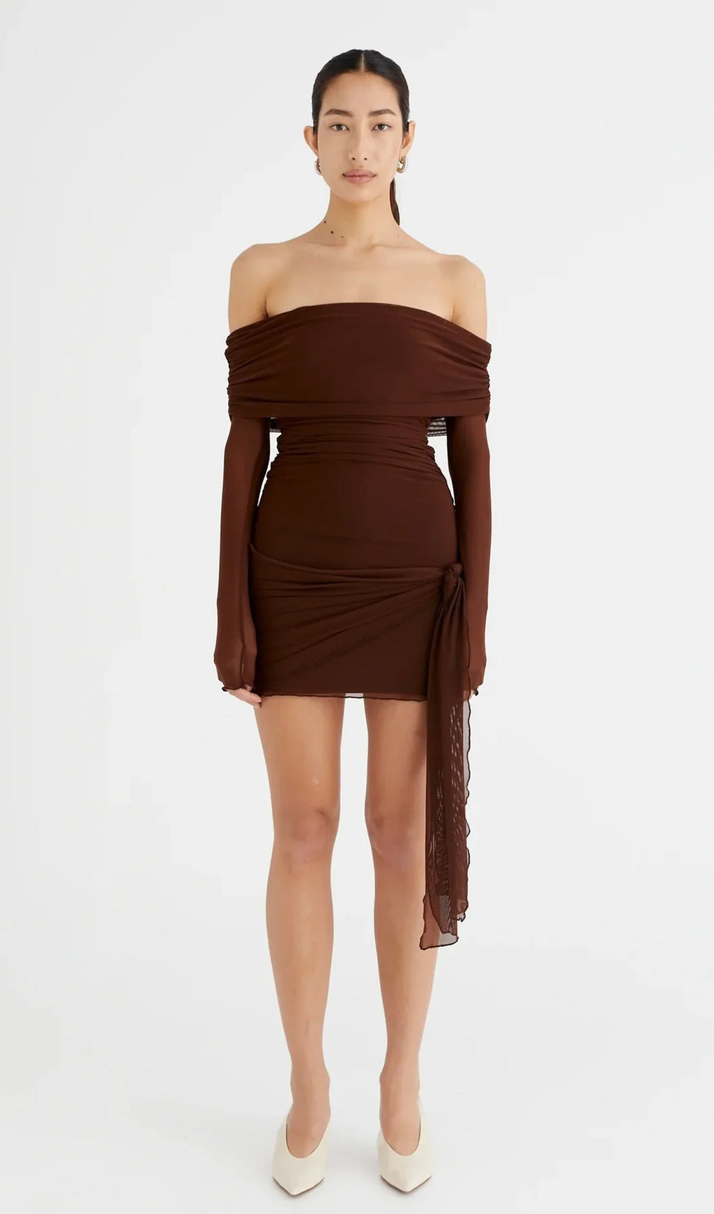 Omuz Açık Şeffaf File Mini Elbise - Cacao