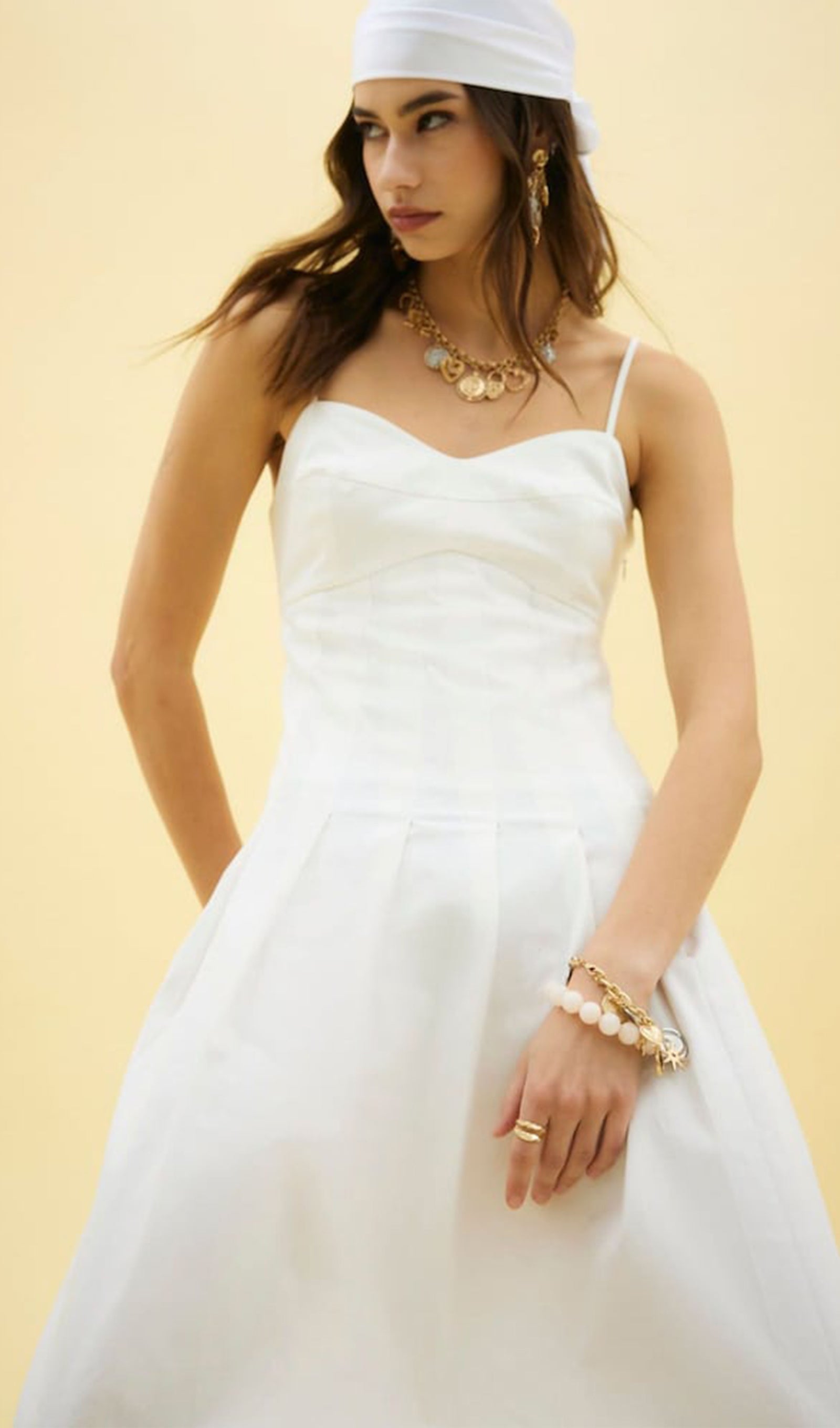 Beyaz Askılı Korse Midi Elbise