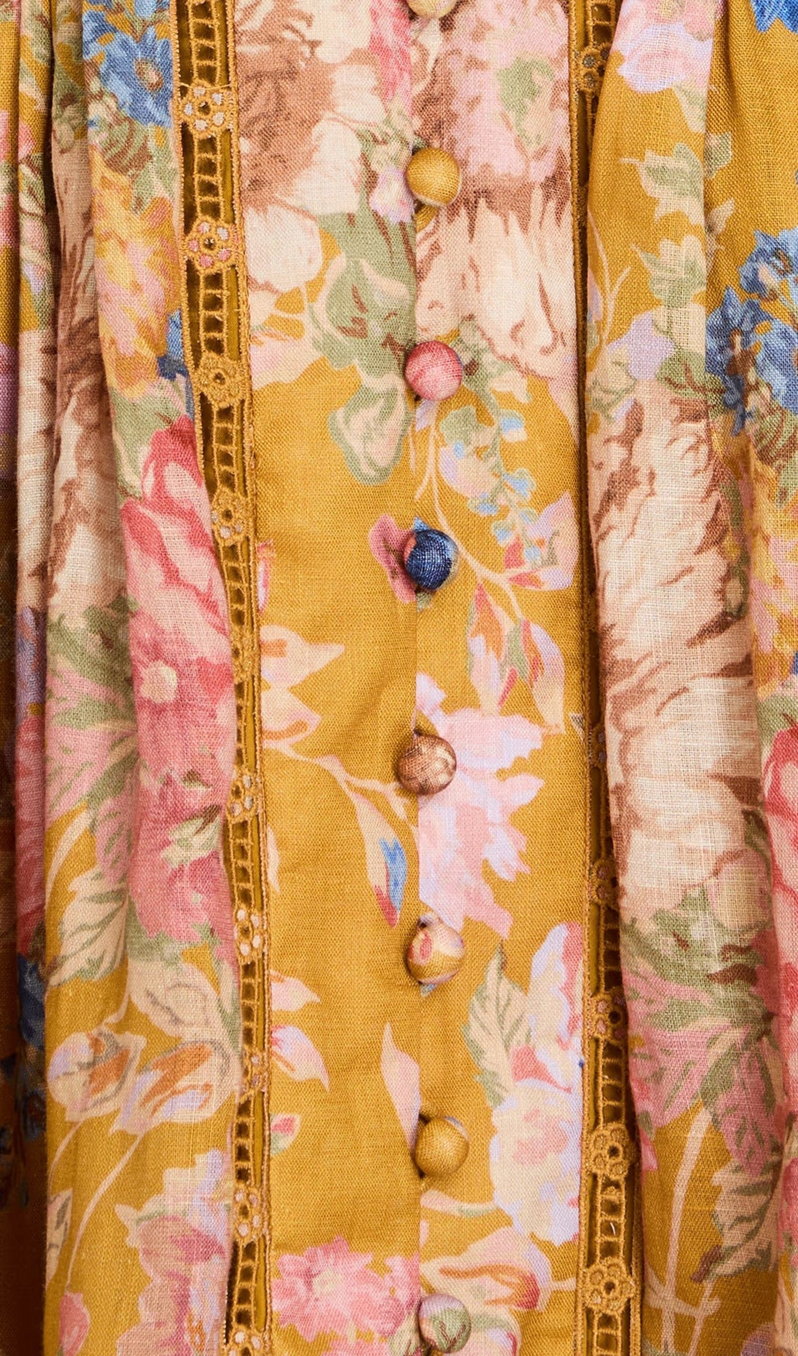 Kafes Kenarlı Çiçek Desenli Keten Mini Elbise