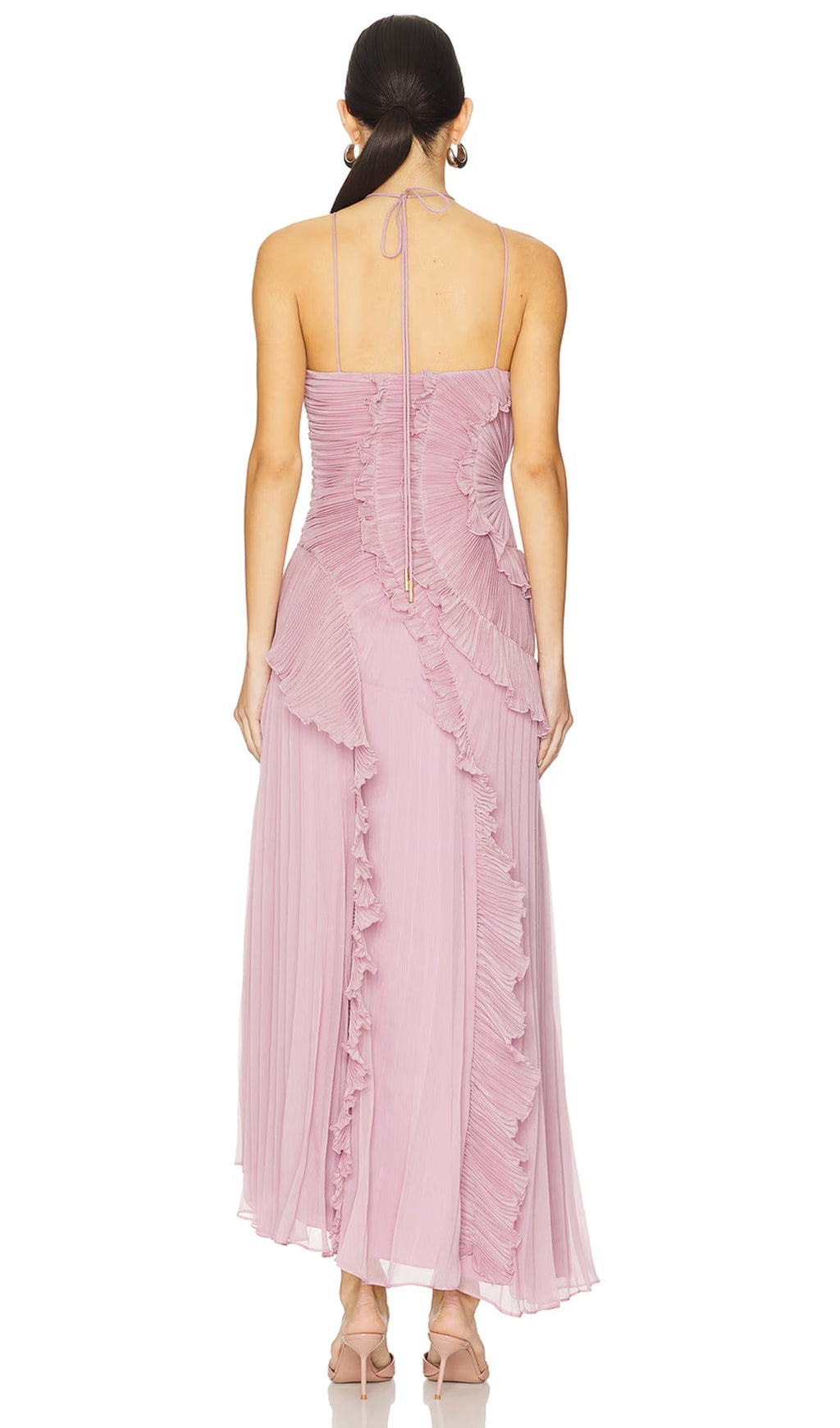 Asimetri Fırfırlı Askılı Uzun Elbise