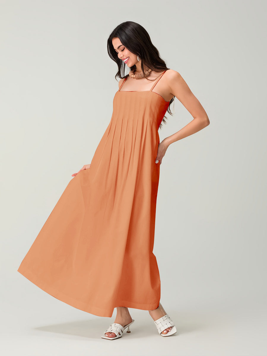 Spagetti Pileli Bol Uzun Elbise