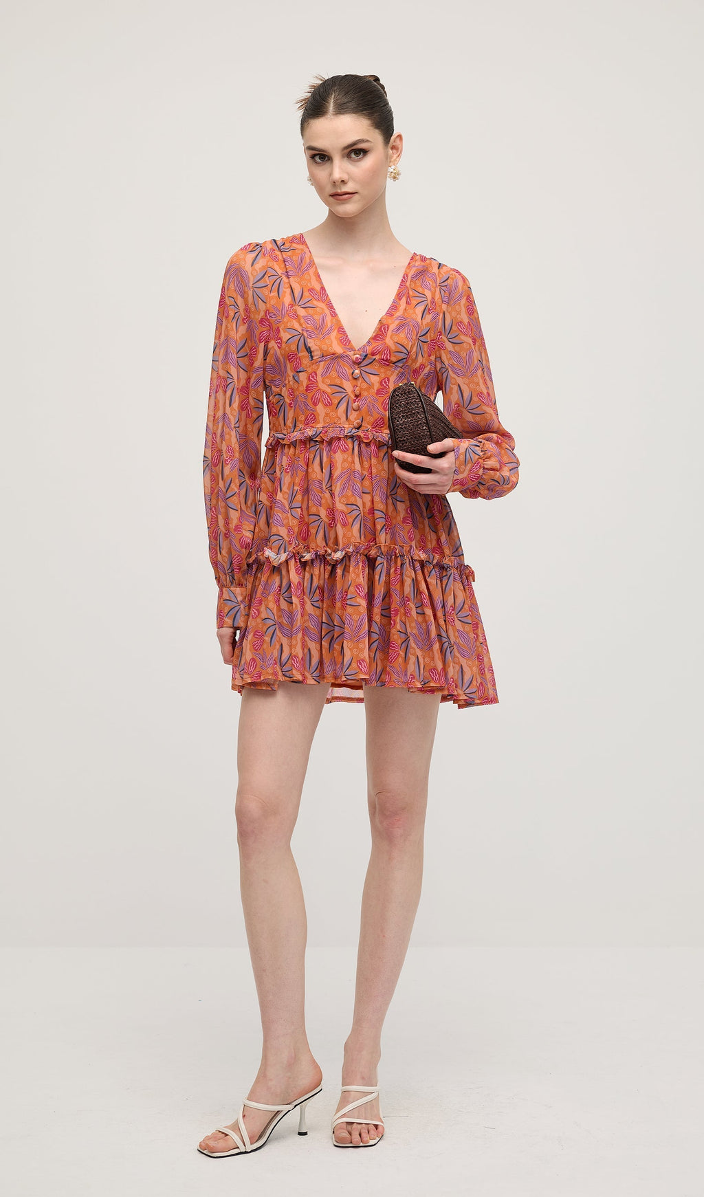 Çiçek Desenli V Yaka Fener Kollu Mini Elbise